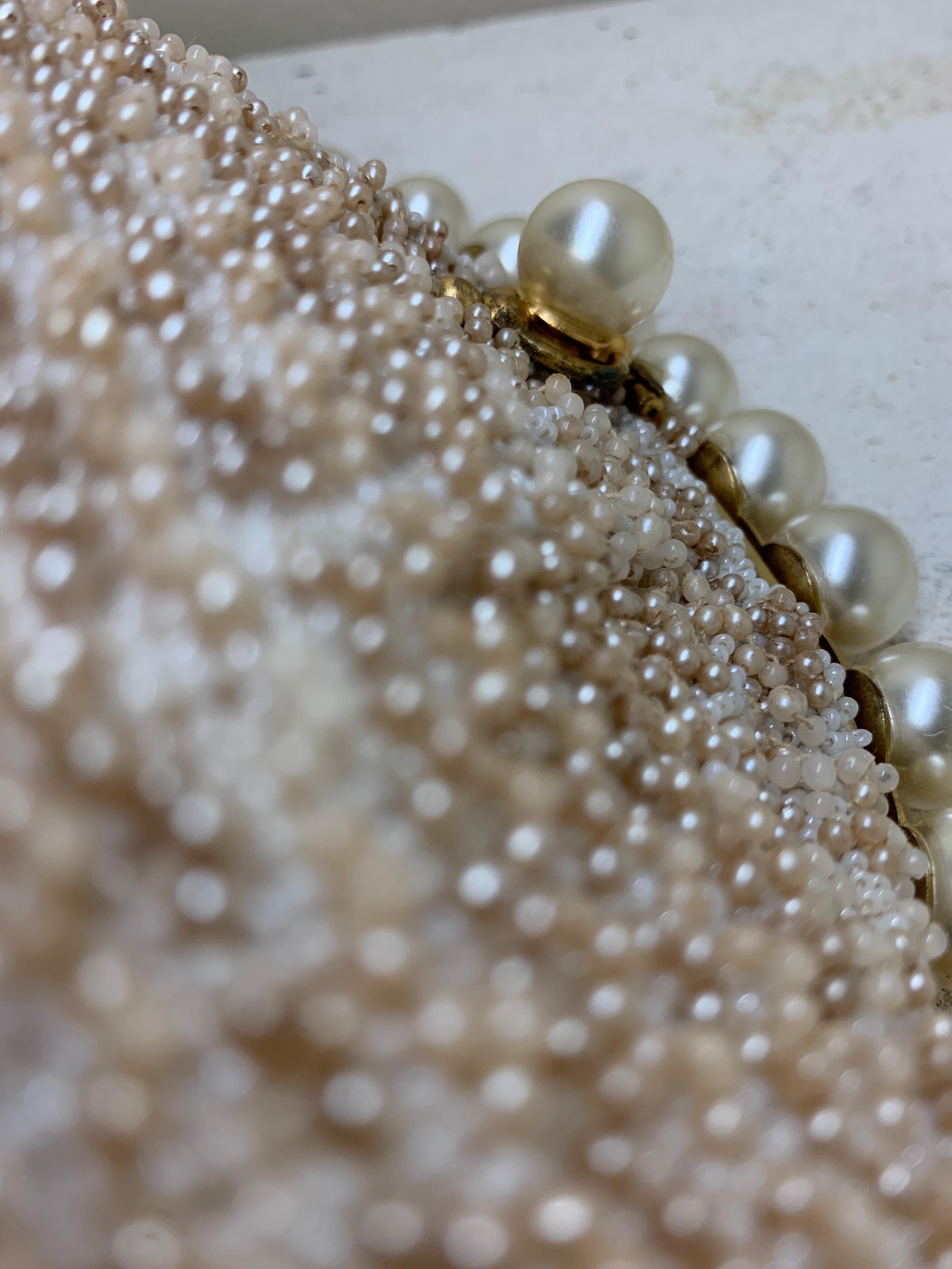 1950s Koret Champagne Seed Pearl Encrusted Evening Clutch w Pearl Studded Frame For Sale 1