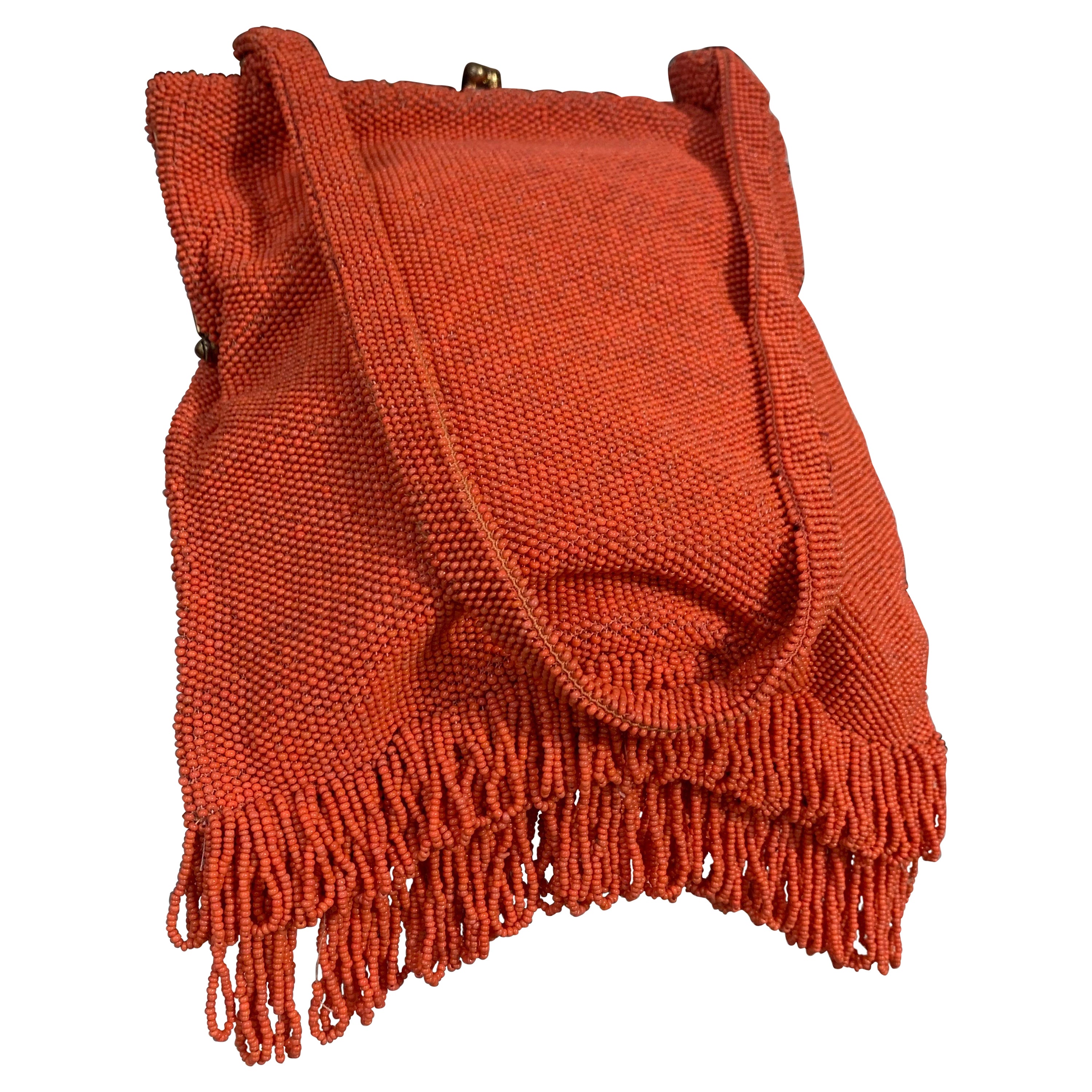 1950s Koret Coral Seed Beaded Handbag w Seed Bead Loop Fringed Bottom For Sale