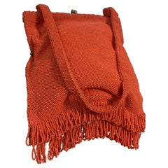 1950s Koret Coral Seed Beaded Handbag w Seed Bead Loop Fringed Bottom