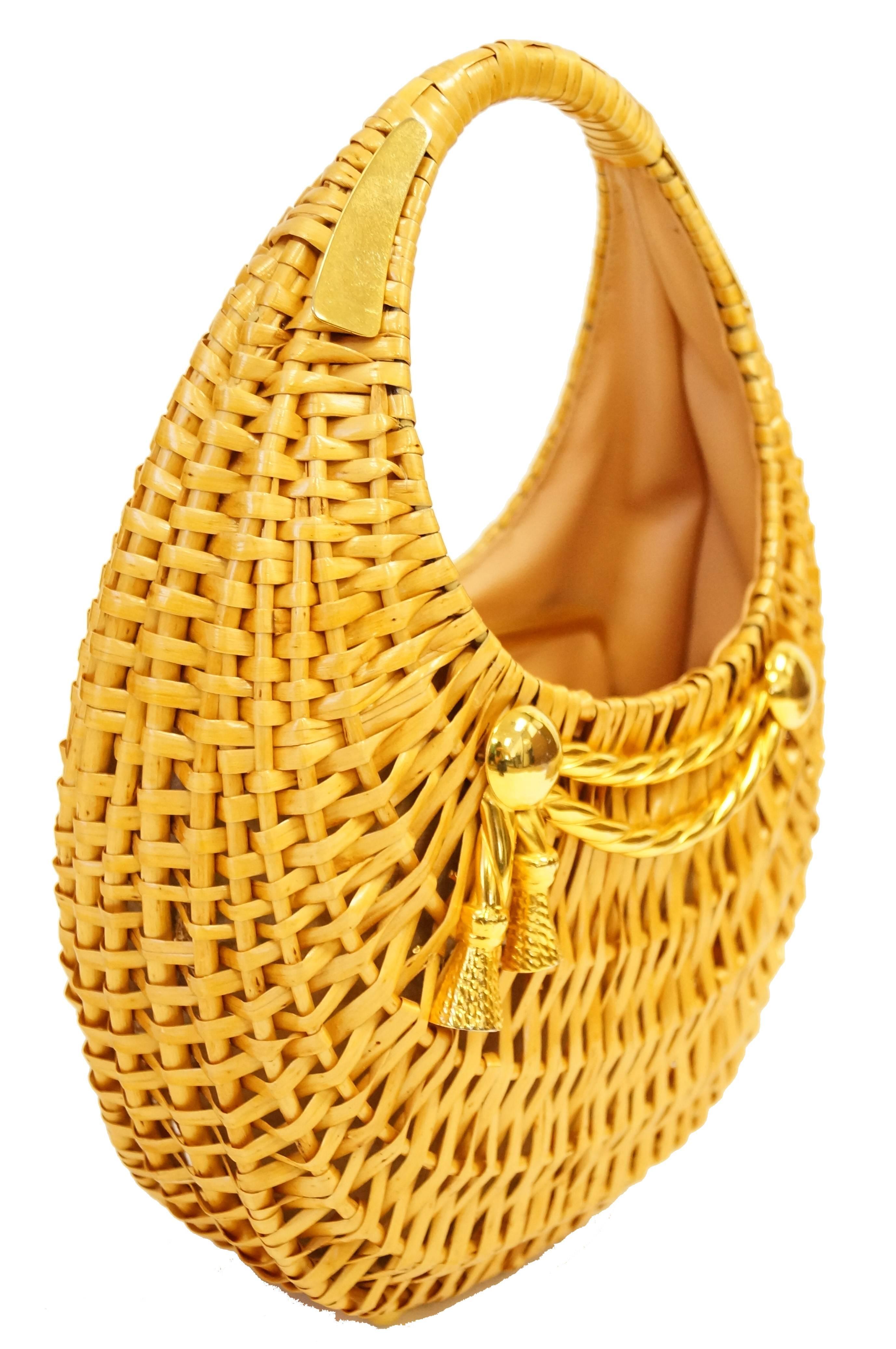  1950s Koret Crescent Flat Reed Basket Handbag with Gold Tassel 2