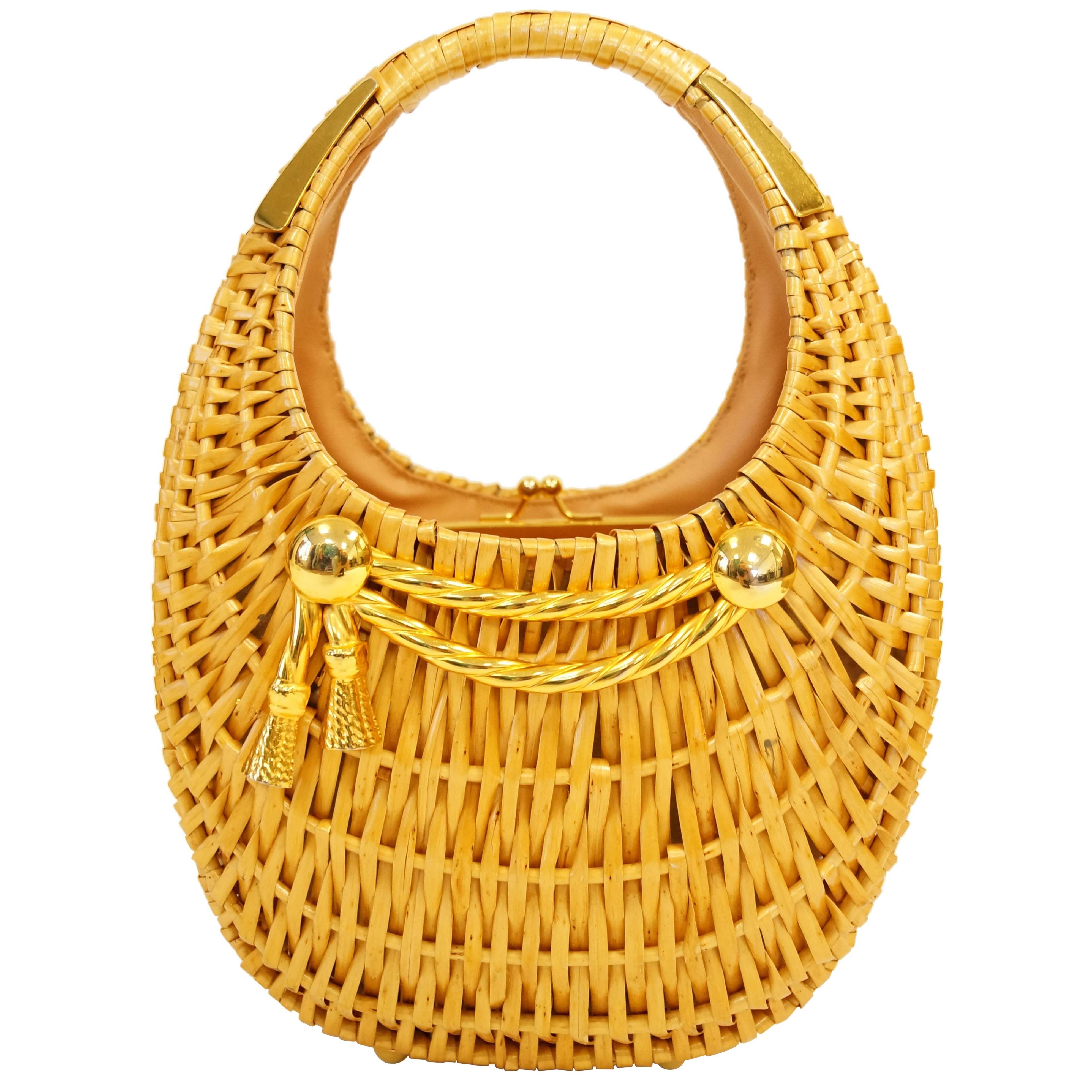  1950s Koret Crescent Flat Reed Basket Handbag with Gold Tassel
