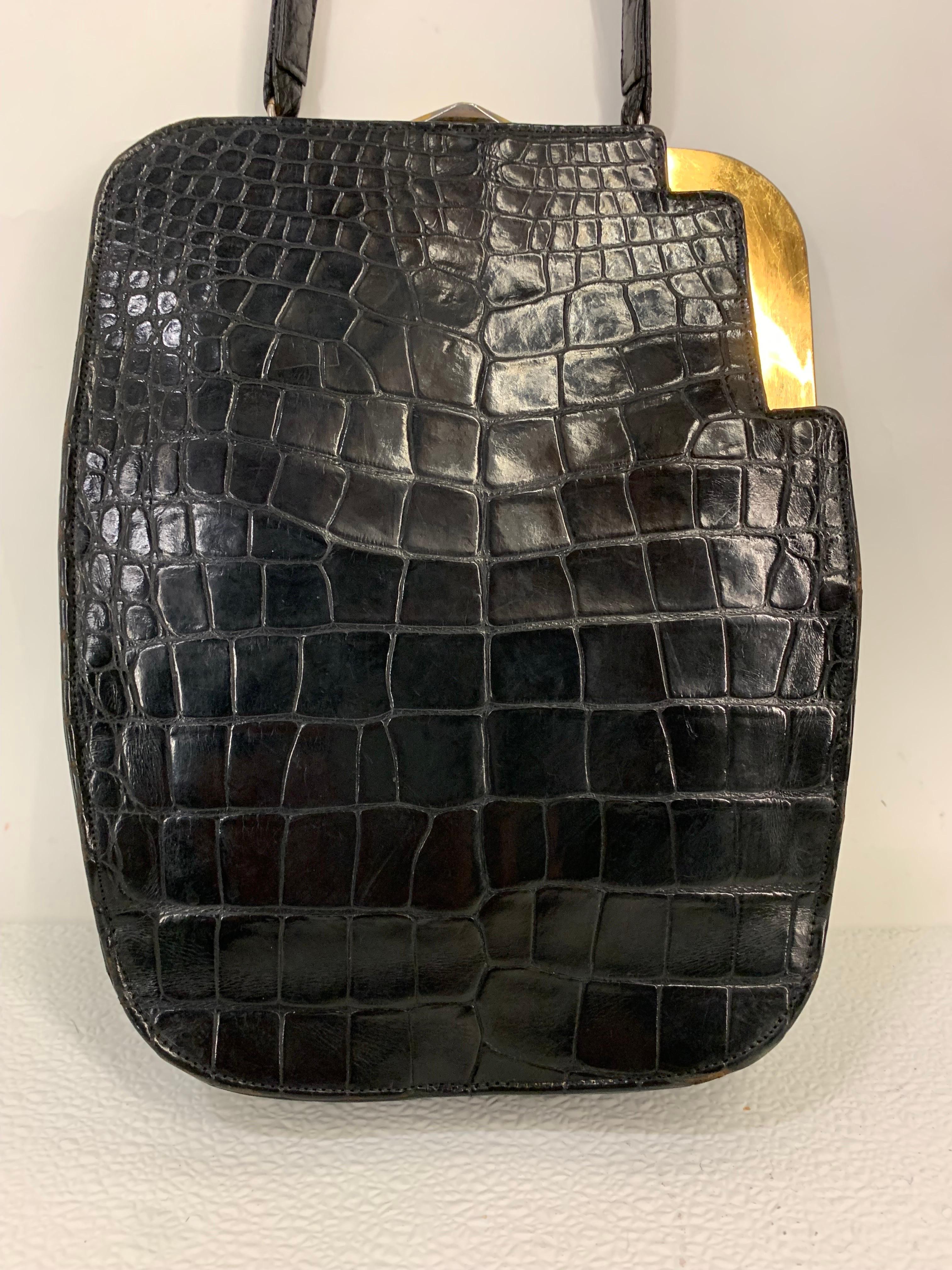 Women's 1950s Koret Genuine Black Alligator Handbag w Rare & Unusual Asymmetric Closure For Sale