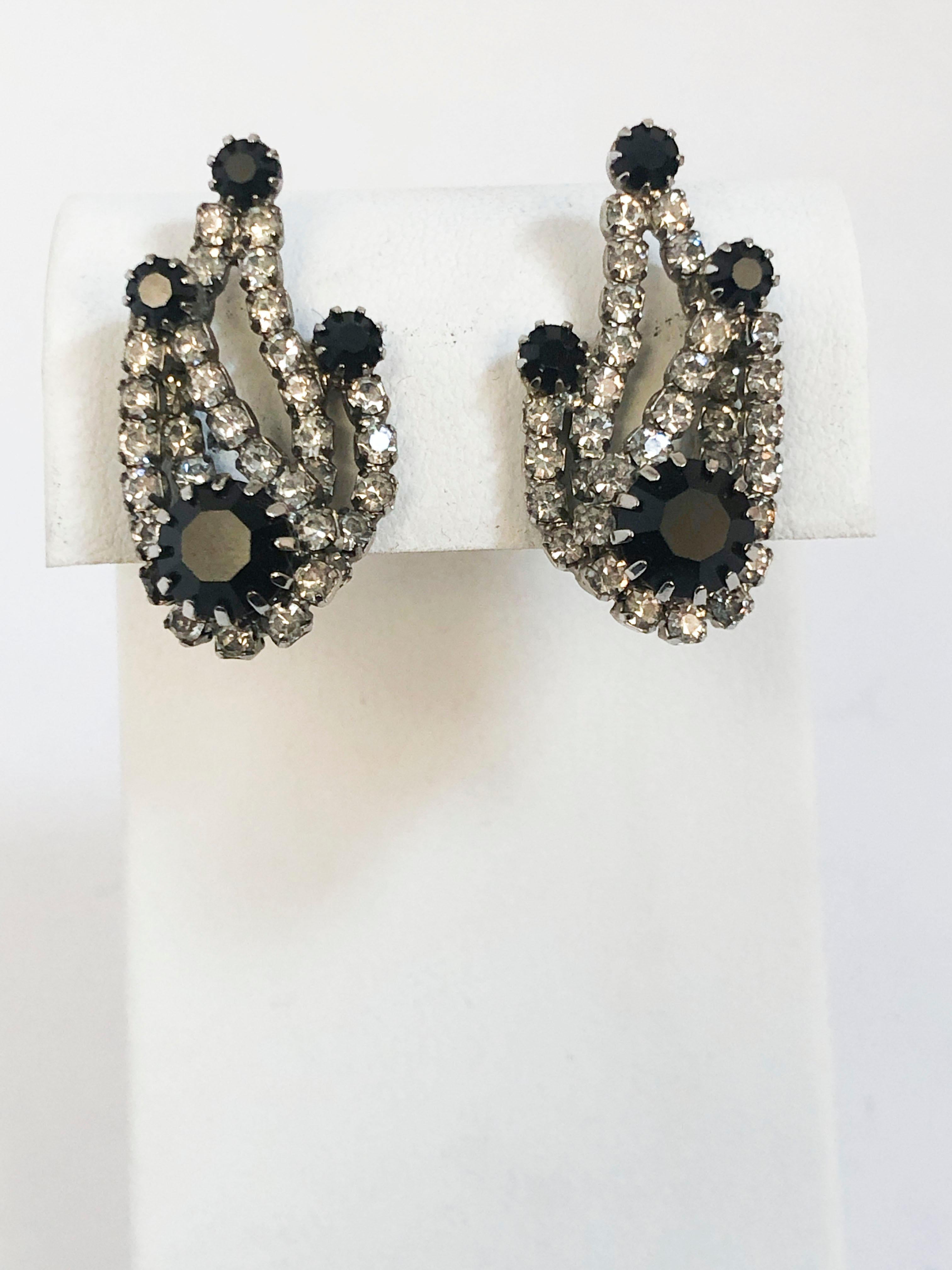 1950s Kramer Clip on Clear and Black Rhinestone Earrings with 3-dimensional layering.