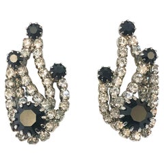 1950s Kramer Clip on Clear and Black Rhinestone Earrings