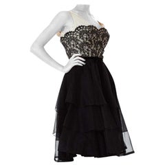 Vintage 1950S Black & White Silk Organza Lace Cocktail Dress