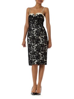 1950S Black & White Haute Couture Silk Duchess Satin Lace Sexy Fitted Cocktail