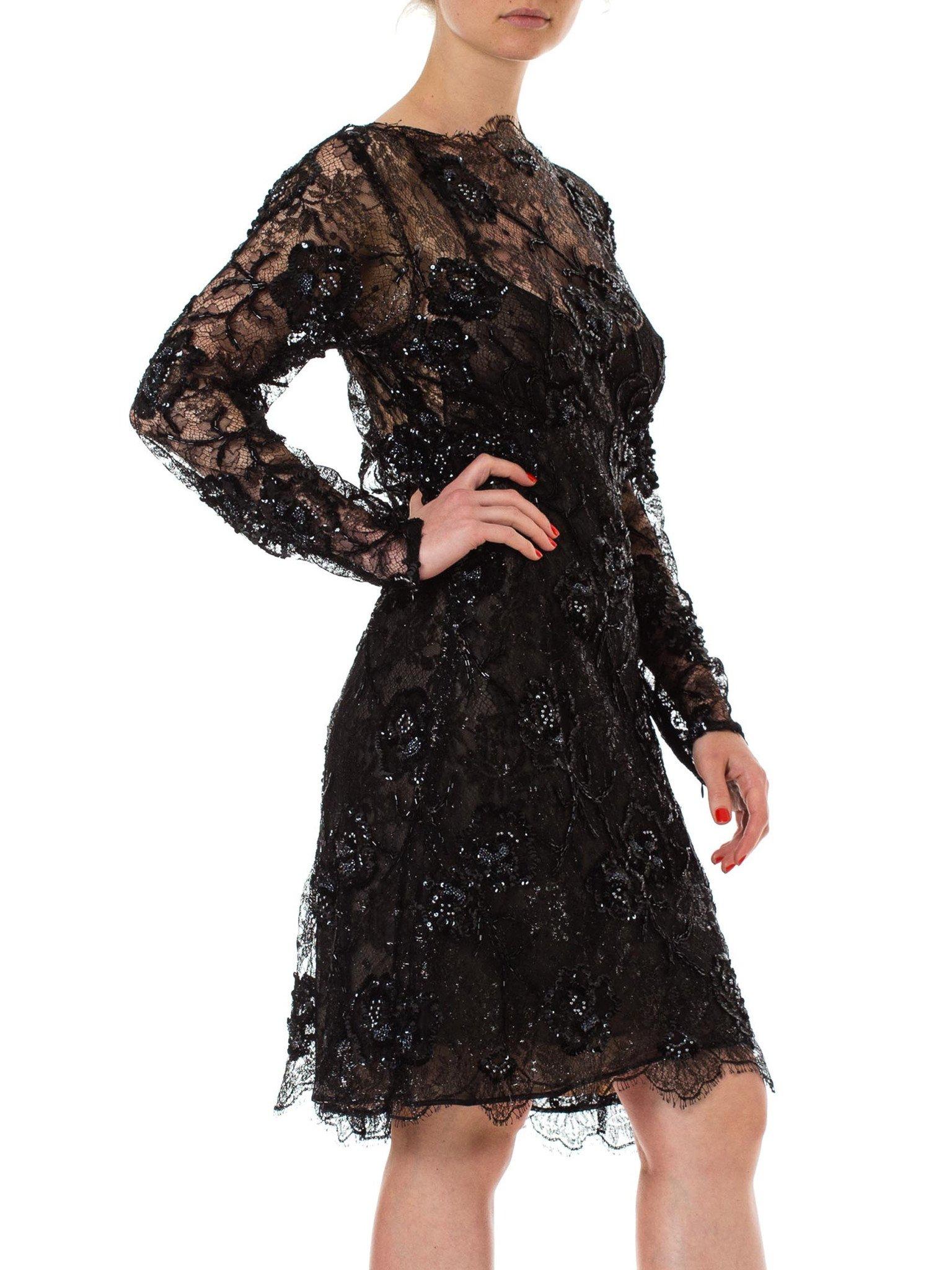 1980S Black Beaded Silk & Lurex Lace Sheer Sleeved Cocktail Dress In Excellent Condition For Sale In New York, NY