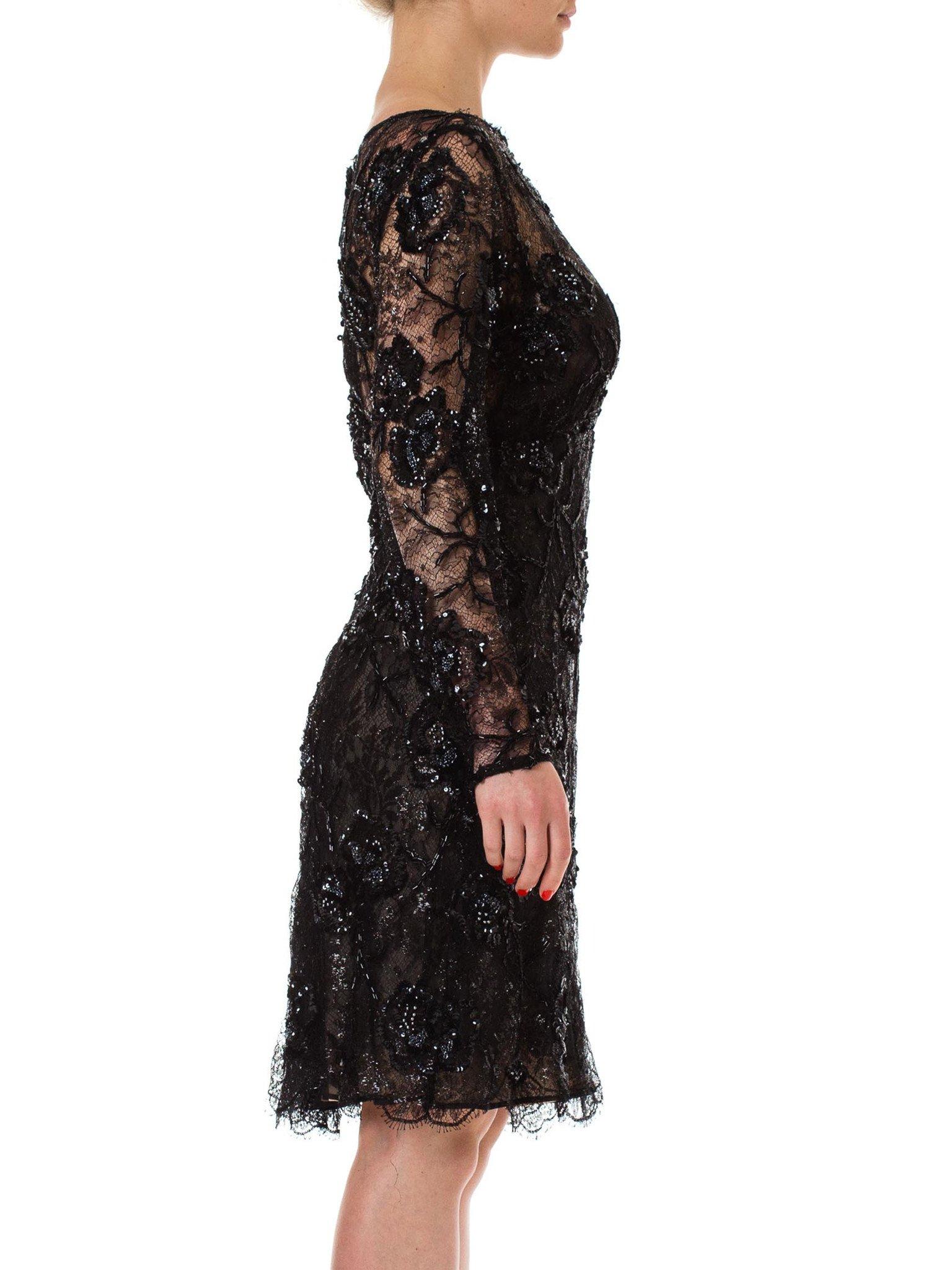 Women's 1980S Black Beaded Silk & Lurex Lace Sheer Sleeved Cocktail Dress For Sale
