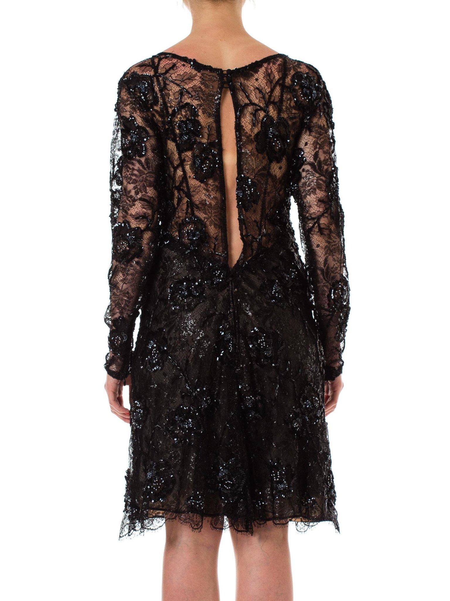 1980S Black Beaded Silk & Lurex Lace Sheer Sleeved Cocktail Dress For Sale 2