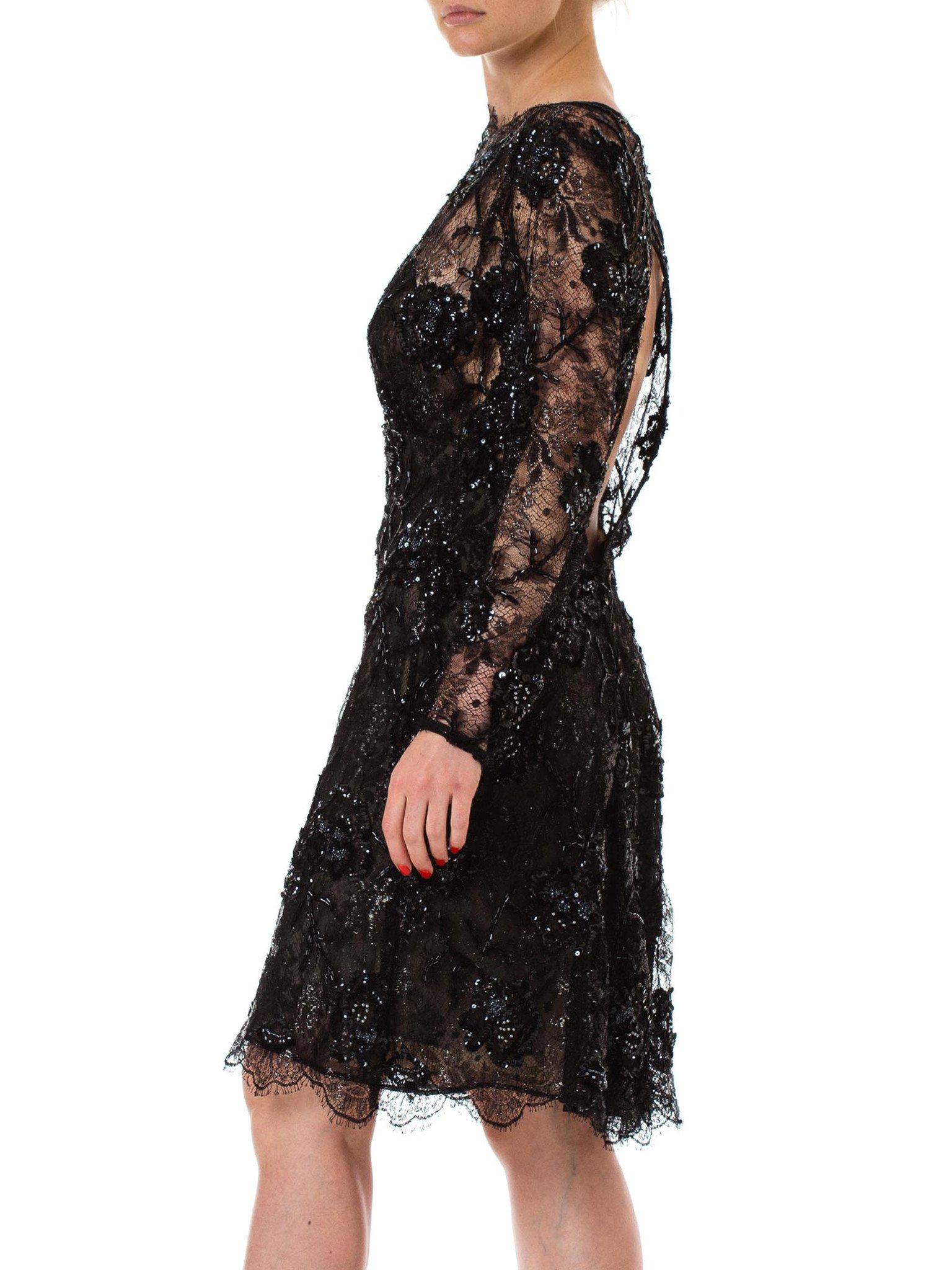 1980S Black Beaded Silk & Lurex Lace Sheer Sleeved Cocktail Dress For Sale 3