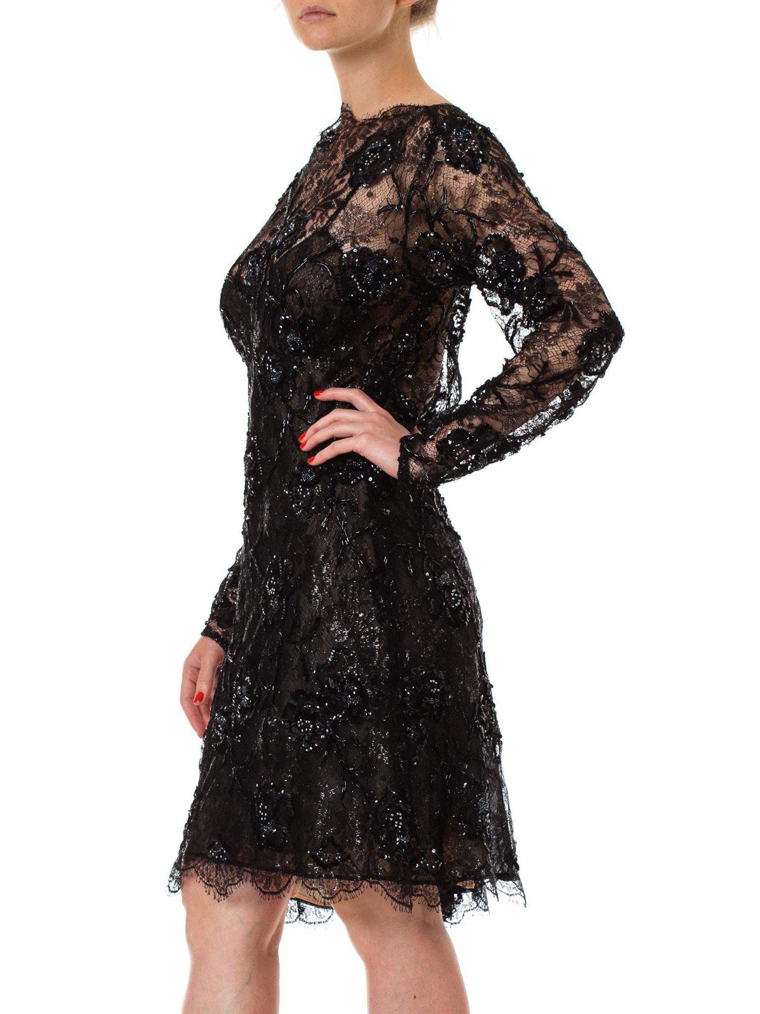 1980S Black Beaded Silk & Lurex Lace Sheer Sleeved Cocktail Dress For Sale 4