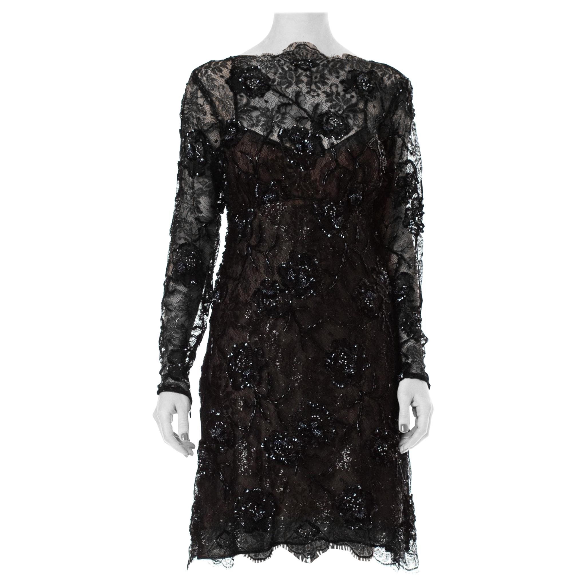 1980S Black Beaded Silk & Lurex Lace Sheer Sleeved Cocktail Dress For Sale