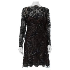 1980S Black Beaded Silk & Lurex Lace Sheer Sleeved Cocktail Dress