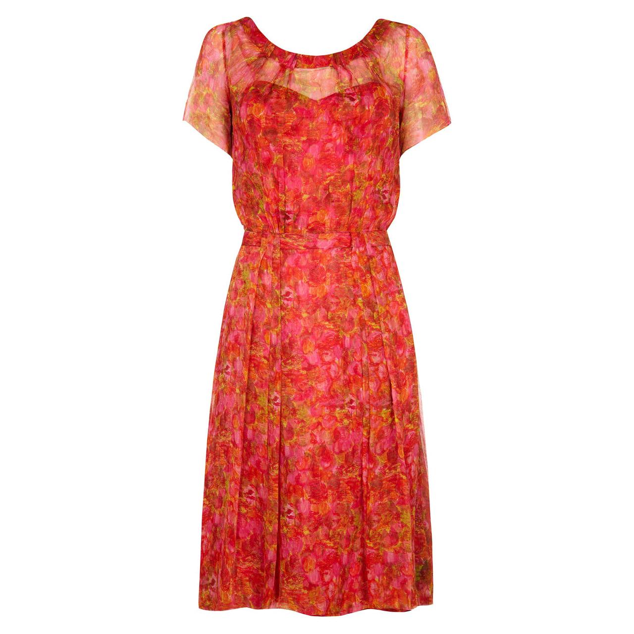 1950s Lachasse Couture Floral Printed Silk Chiffon Dress