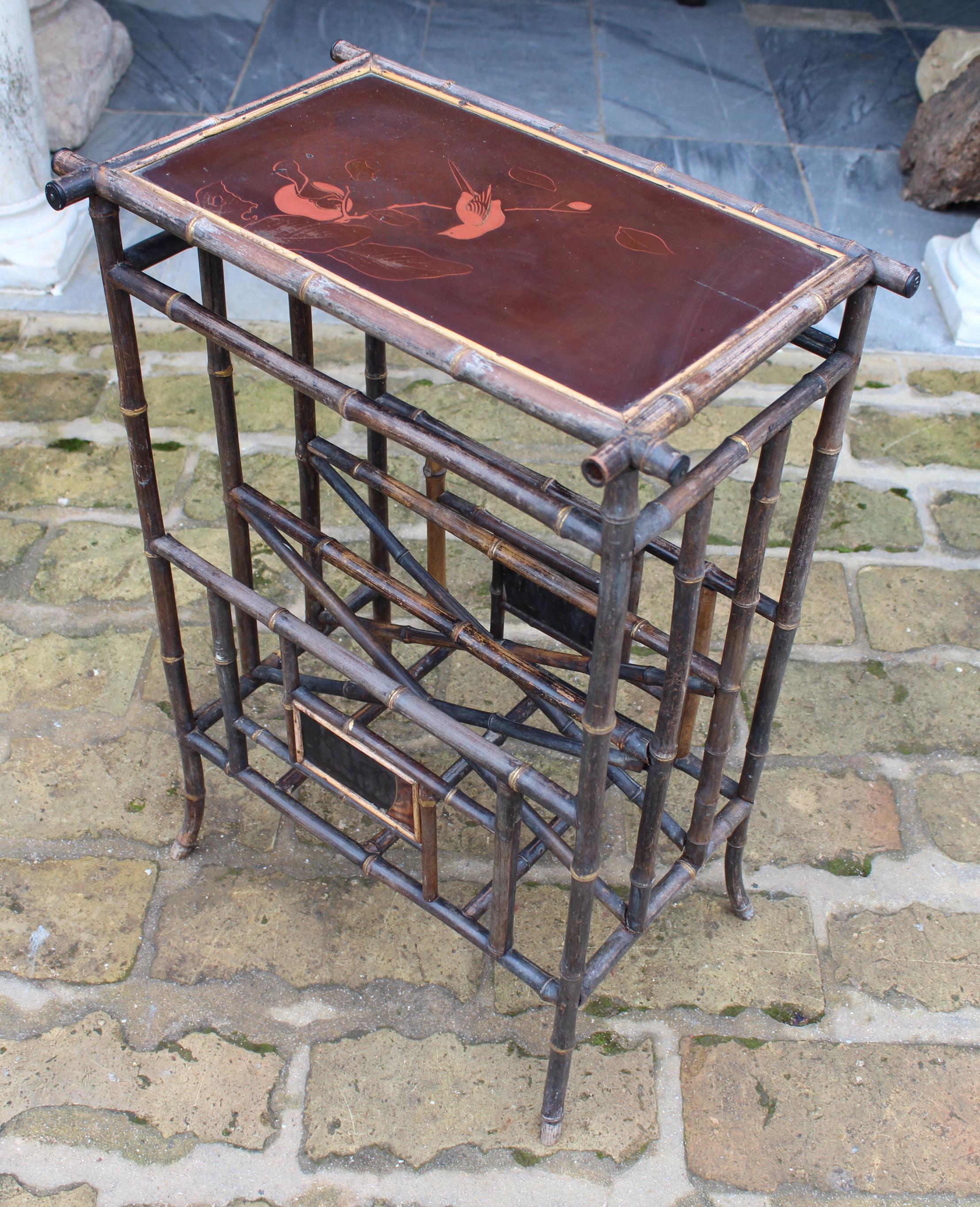 Lacquered 1950s, Lacquer Decorated English Bamboo Side Table with Magazine Holder