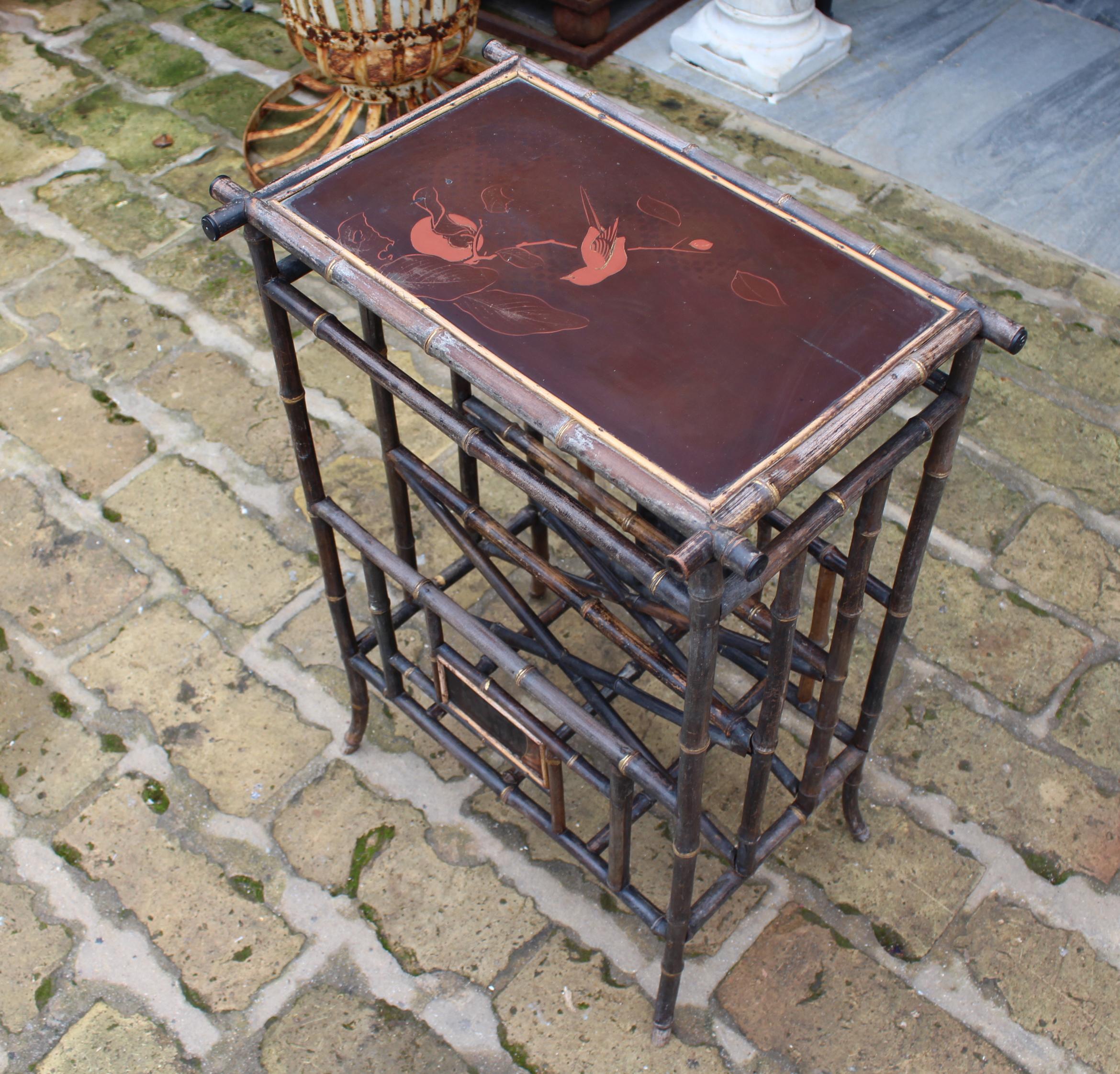 1950s, Lacquer Decorated English Bamboo Side Table with Magazine Holder 1