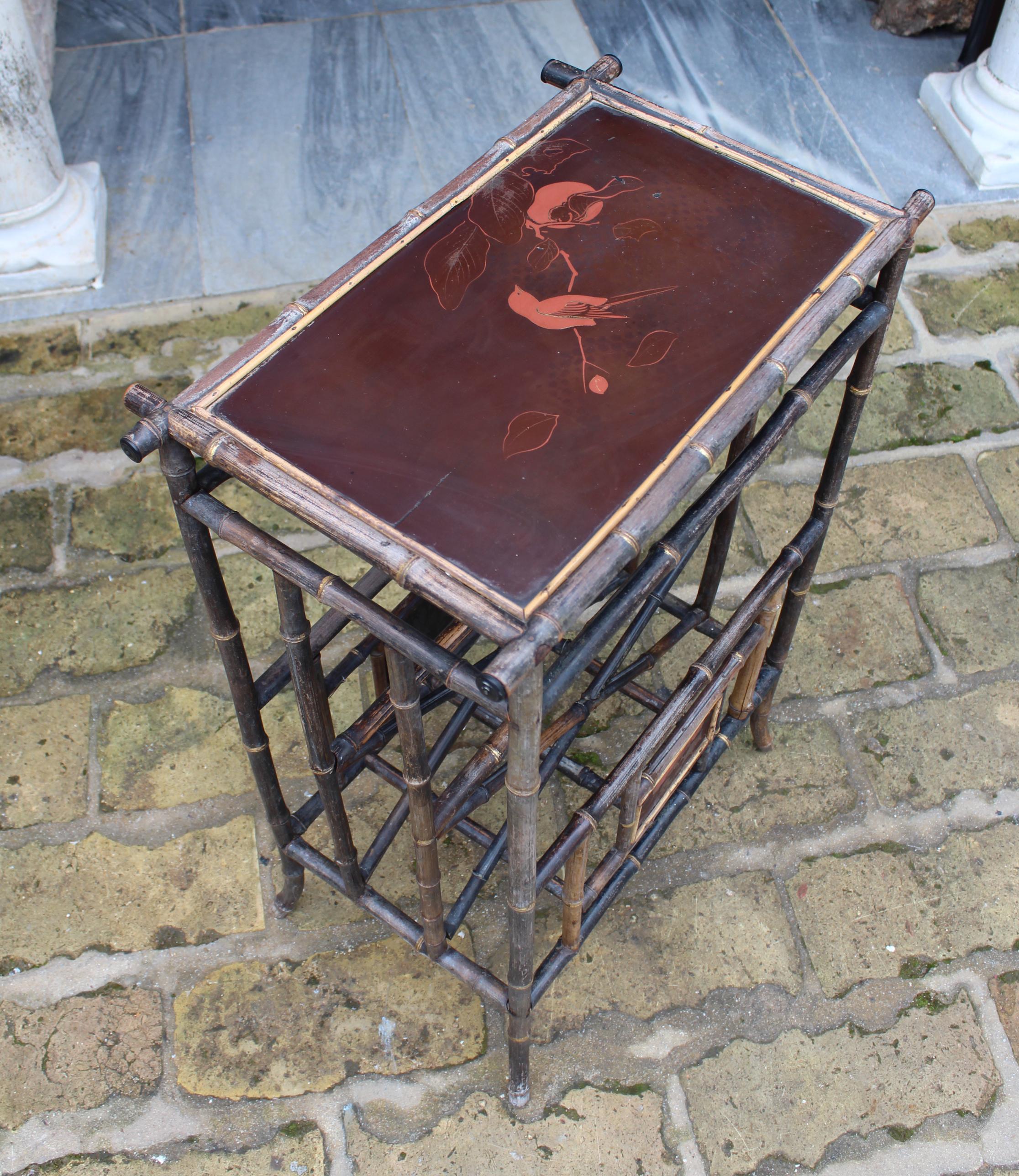 1950s, Lacquer Decorated English Bamboo Side Table with Magazine Holder 2
