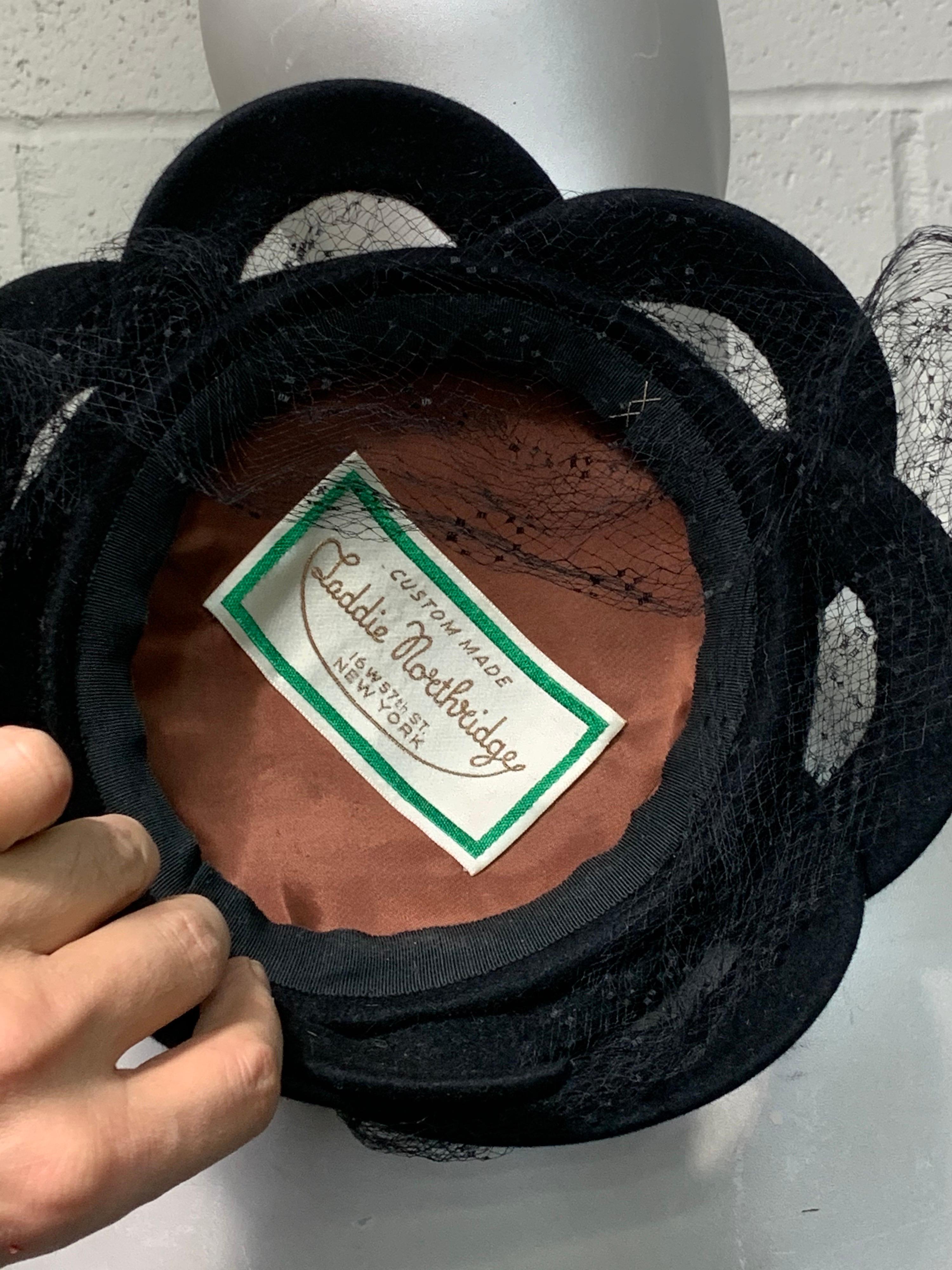 1950s Laddie Northridge Custom Black Velvet & Felt Horseshoe Design Hat w Veil 6