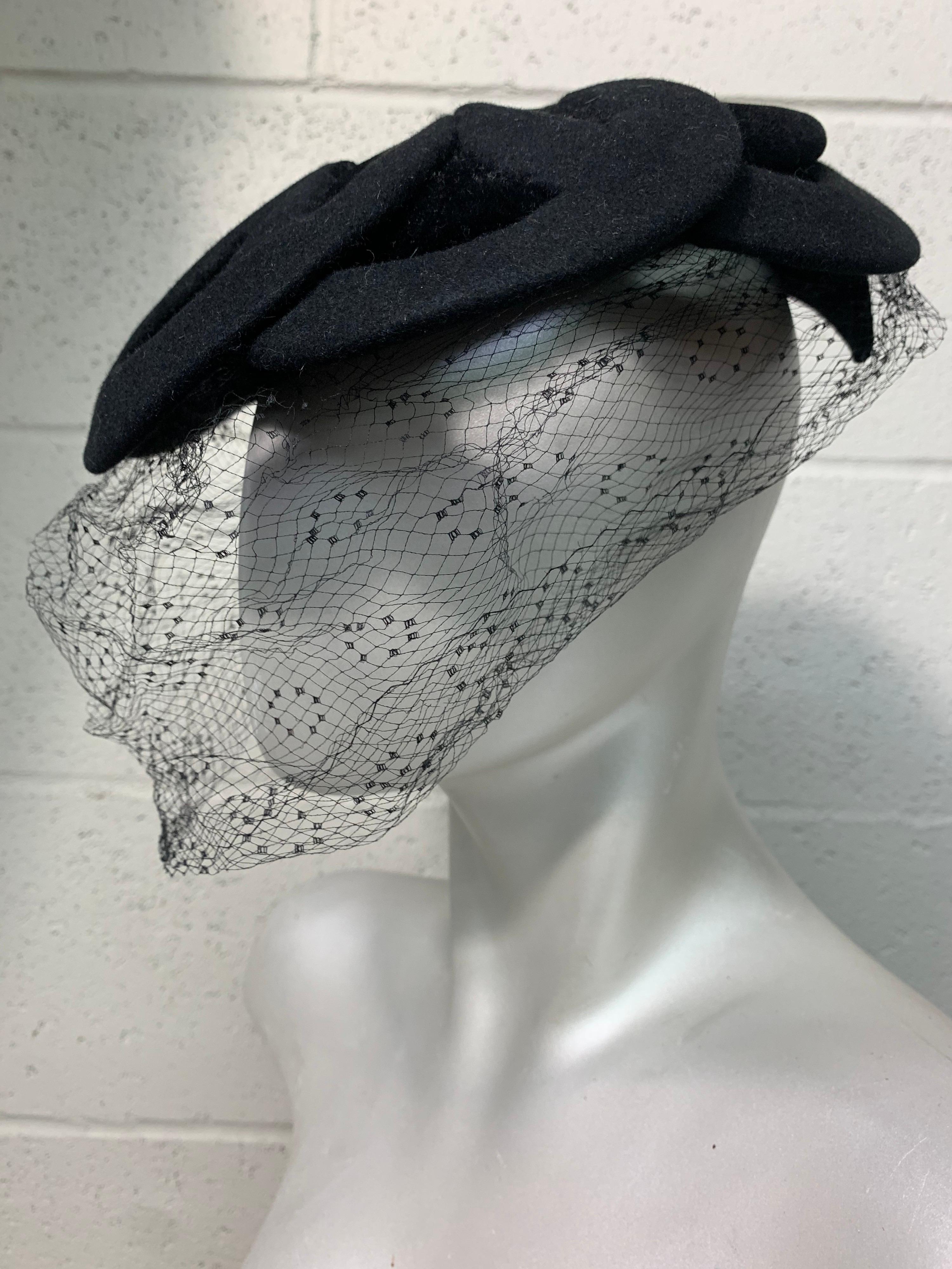 1950s Laddie Northridge Custom Black Velvet & Felt Horseshoe Design Hat w Veil 2