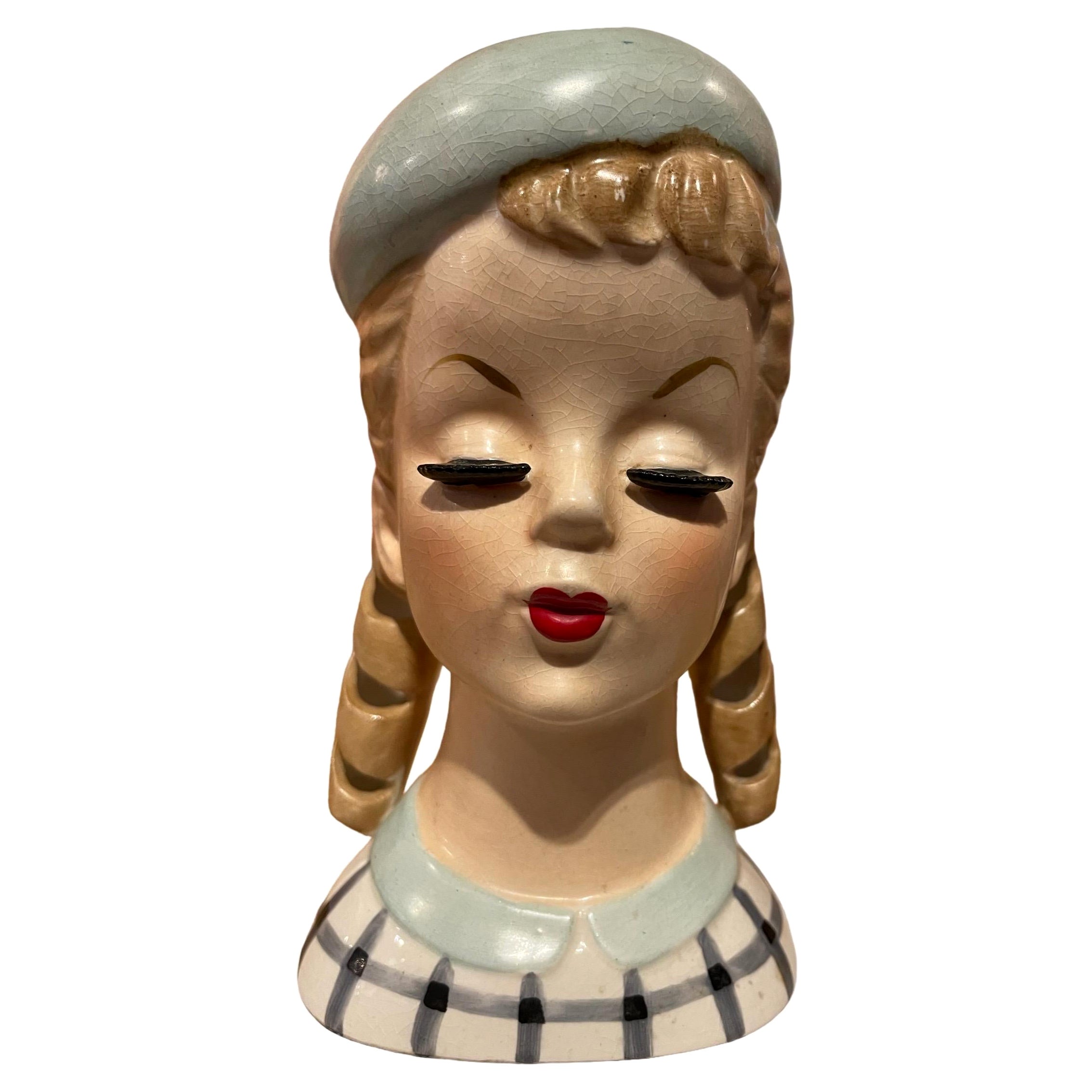 1950s Lady Head Vase with Banana Curls and Beret
