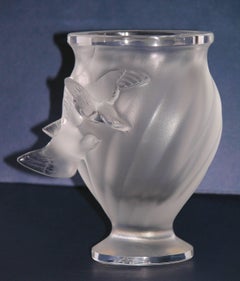 1950s Lalique Small French Crystal Glass Rosine Vase with Birds in Flight