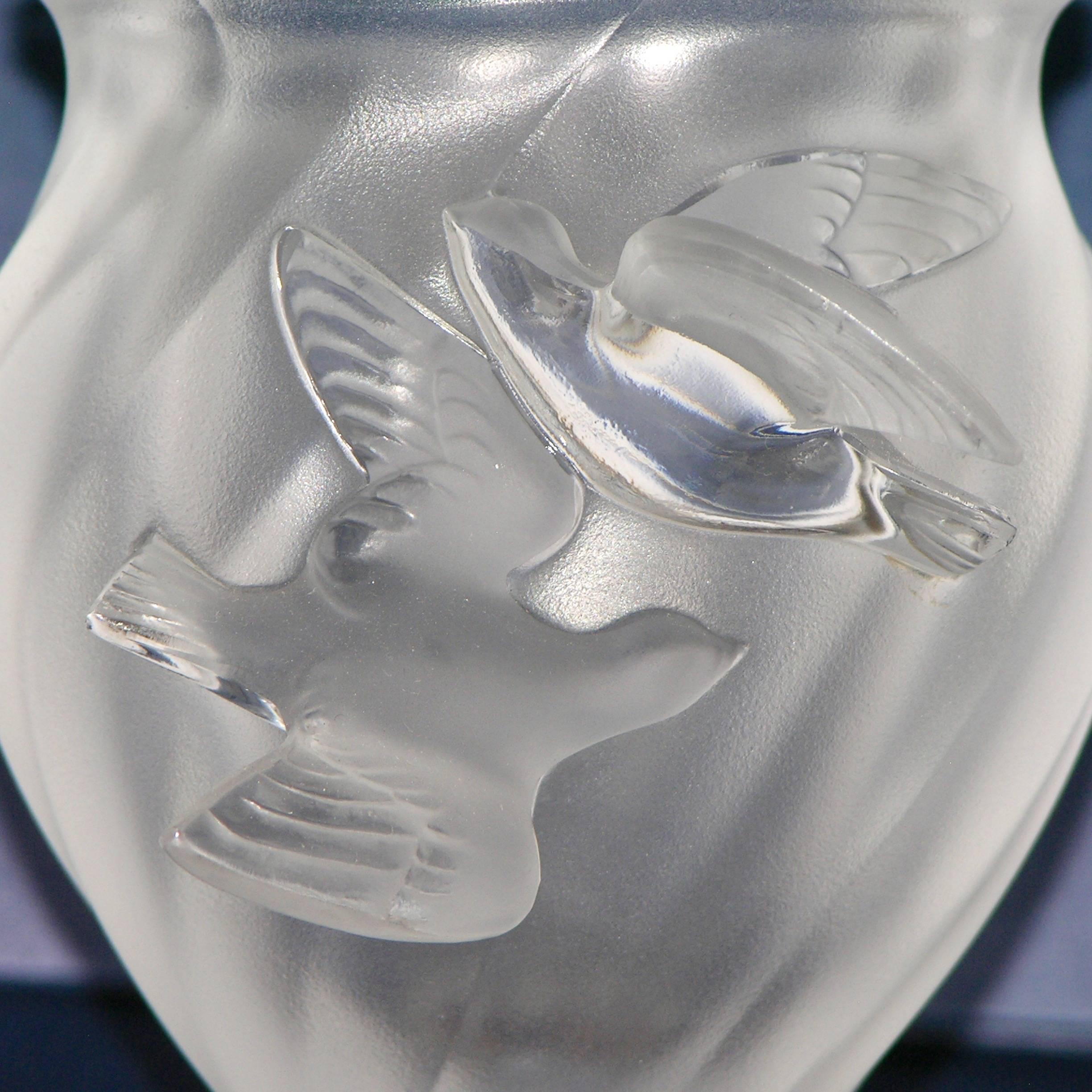 Frosted 1950s Lalique Small French Crystal Glass Rosine Vase with Birds in Flight