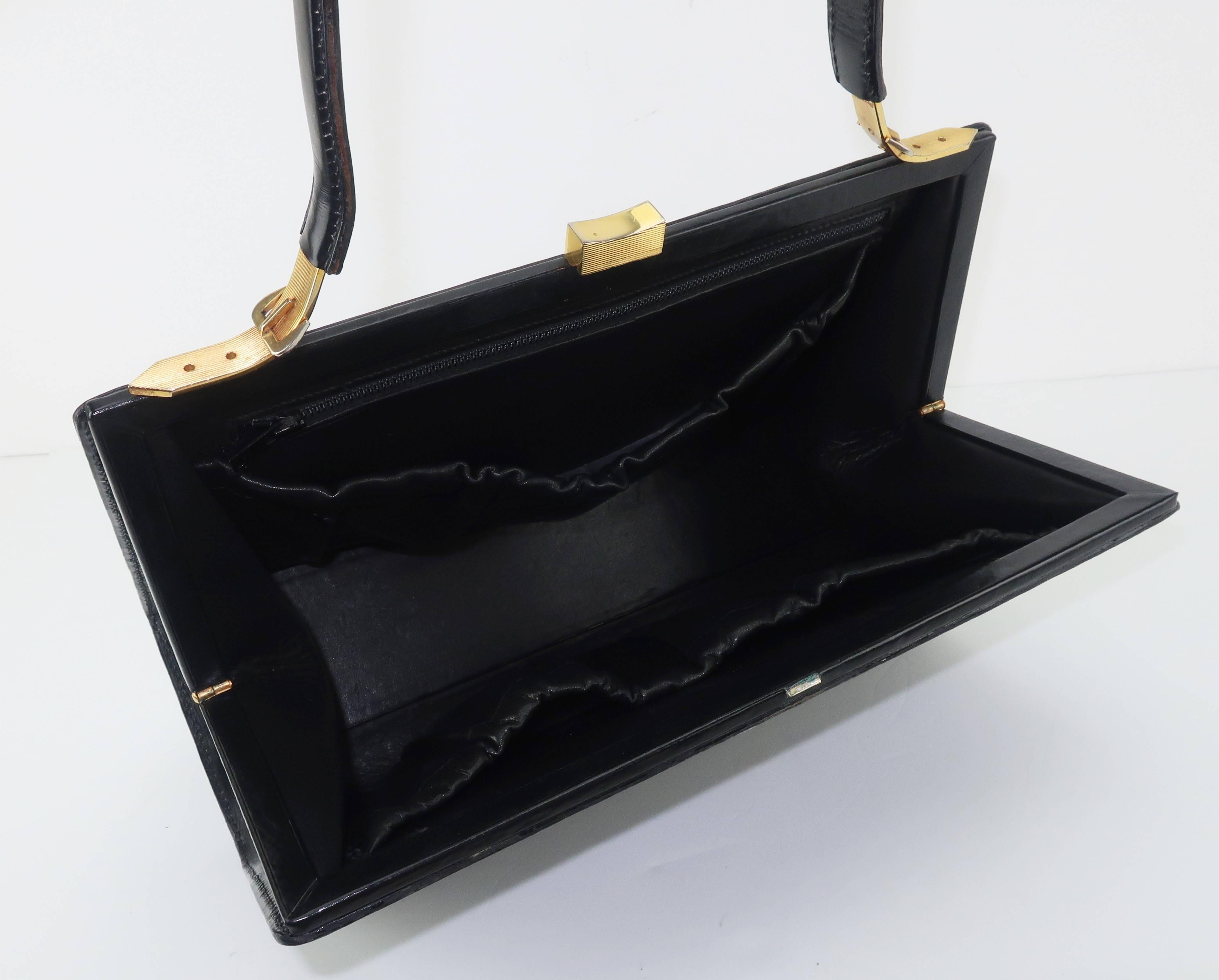 Lancel Black Leather Handbag With Buckle Handle, 1950s  3