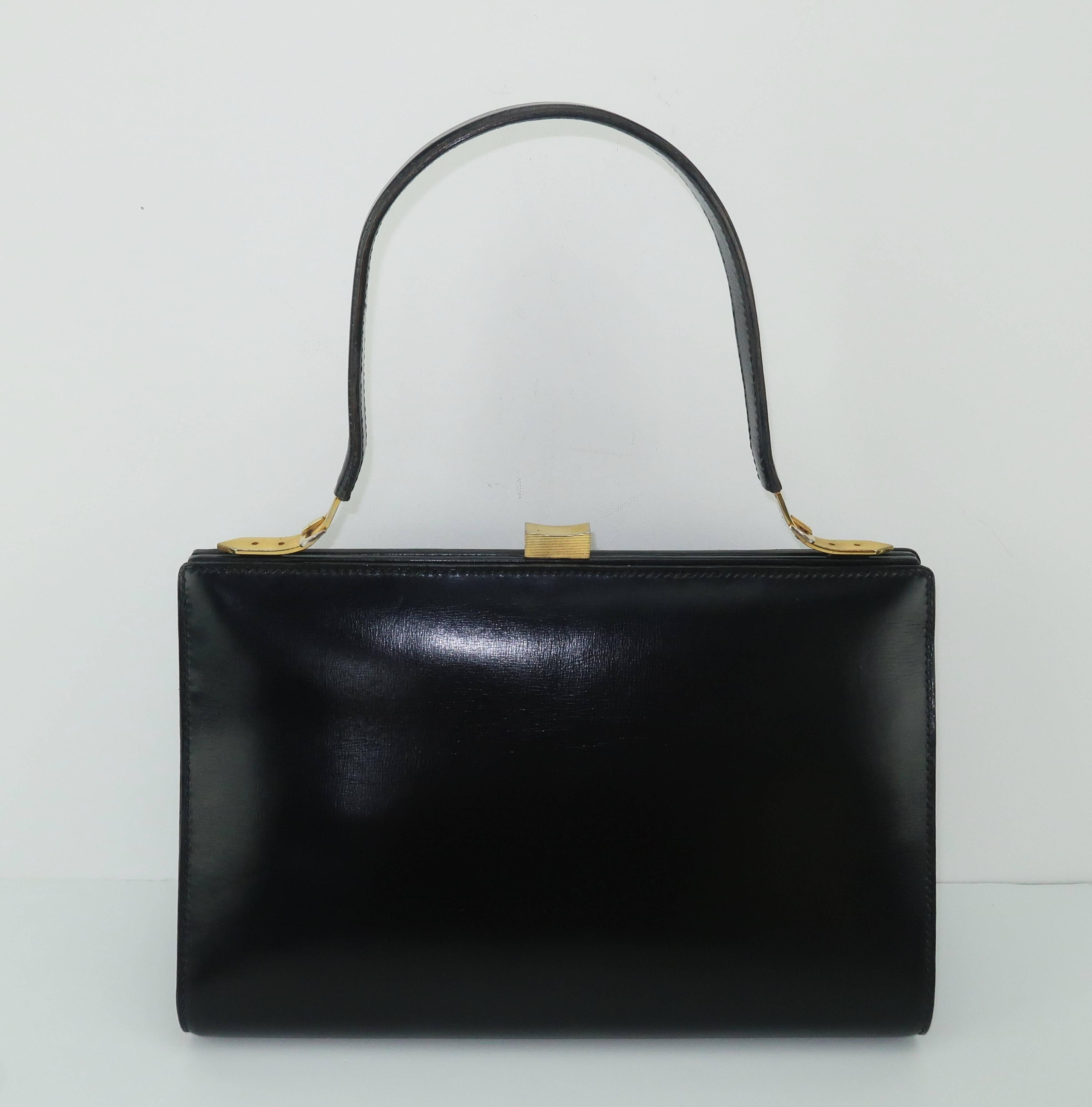 Lancel Black Leather Handbag With Buckle Handle, 1950s  In Good Condition In Atlanta, GA