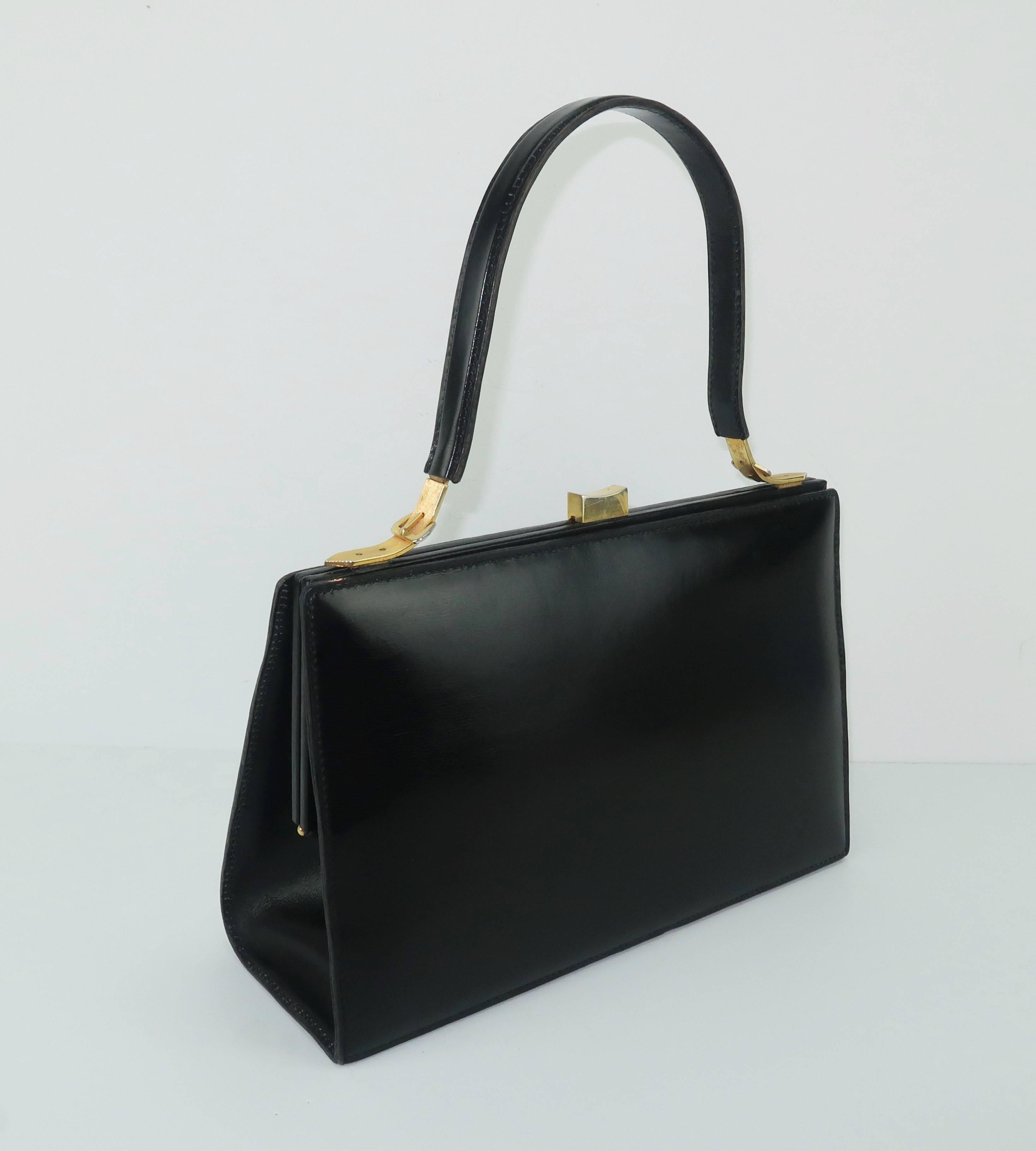 Women's Lancel Black Leather Handbag With Buckle Handle, 1950s 