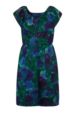 1950s Lane Bryant Blue and Green Floral Silk Dress
