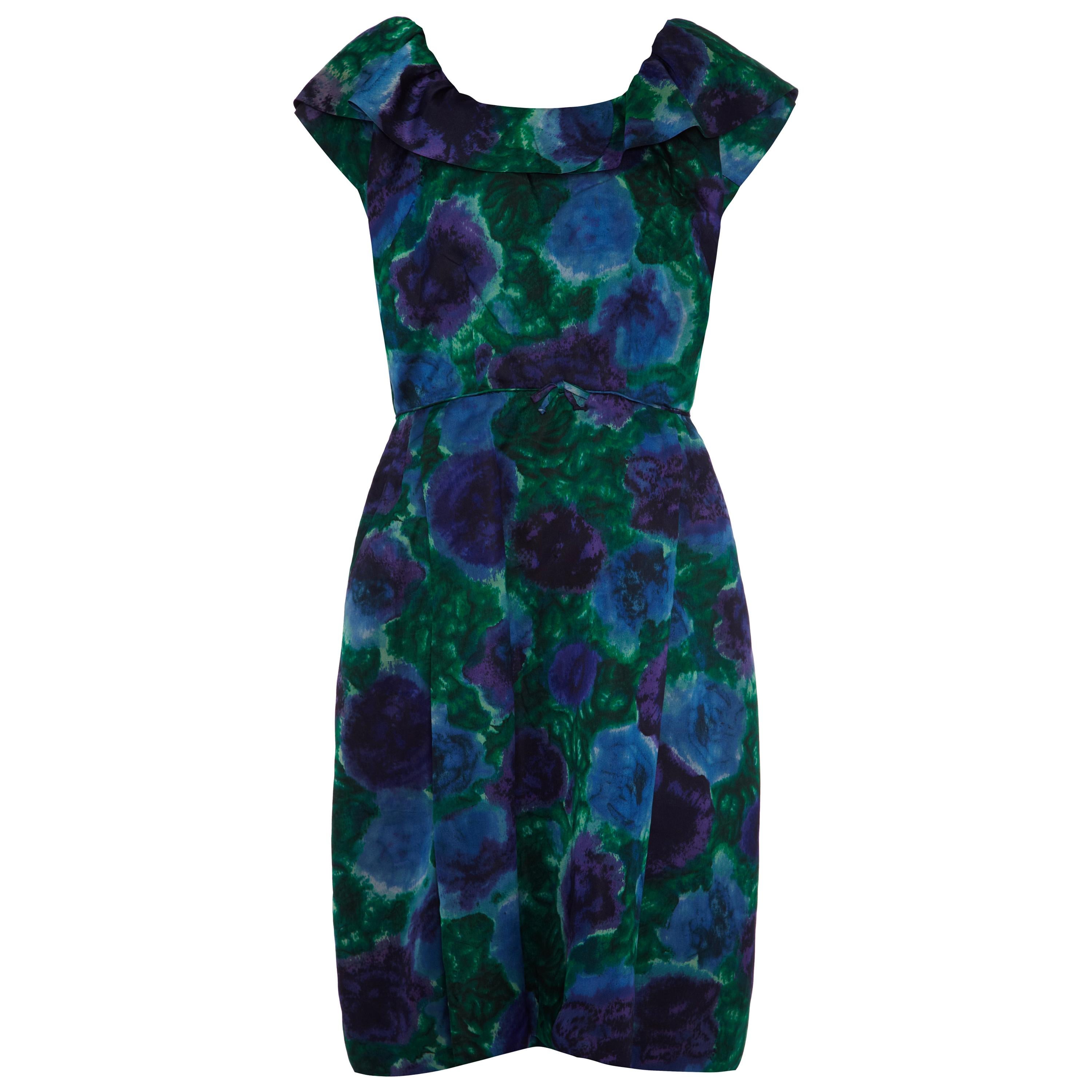 1950s Lane Bryant Blue and Green Floral Silk Dress For Sale