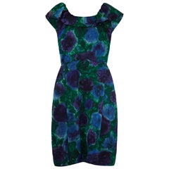 1950s Lane Bryant Blue and Green Floral Silk Dress