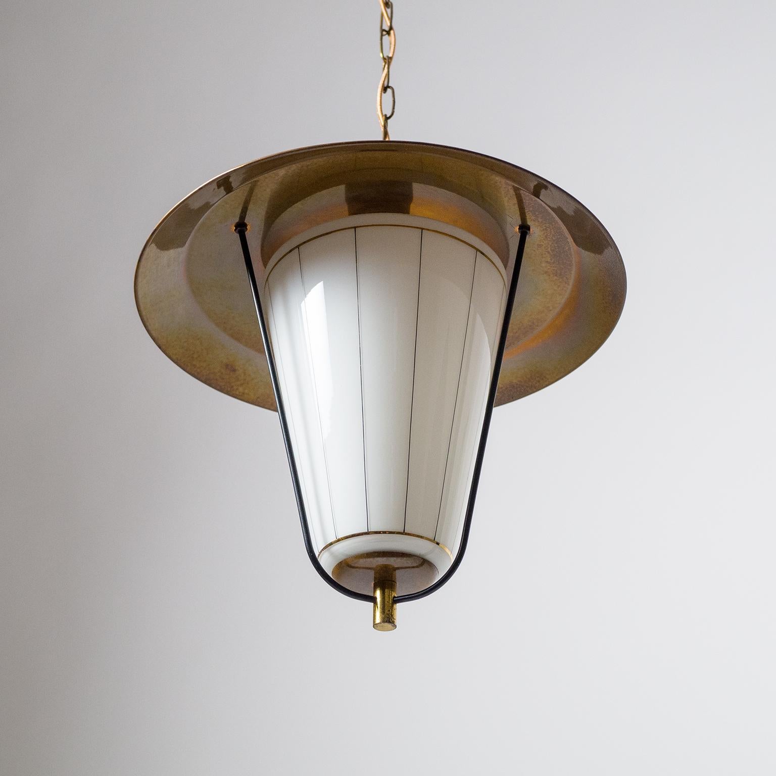 Mid-Century Modern 1950s Lantern, Brass, Copper and Striped Glass