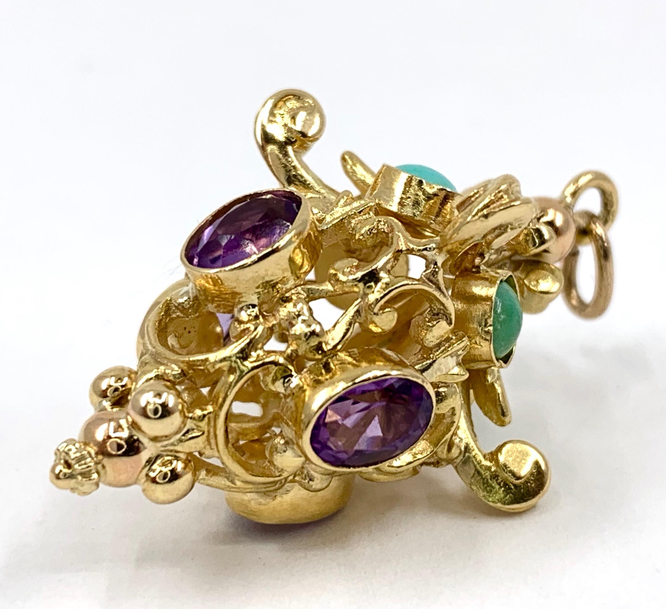 Etruscan Revival 1950s Lantern Fob Pendant in 18 Karat Yellow Gold with Turquoise and Amethysts