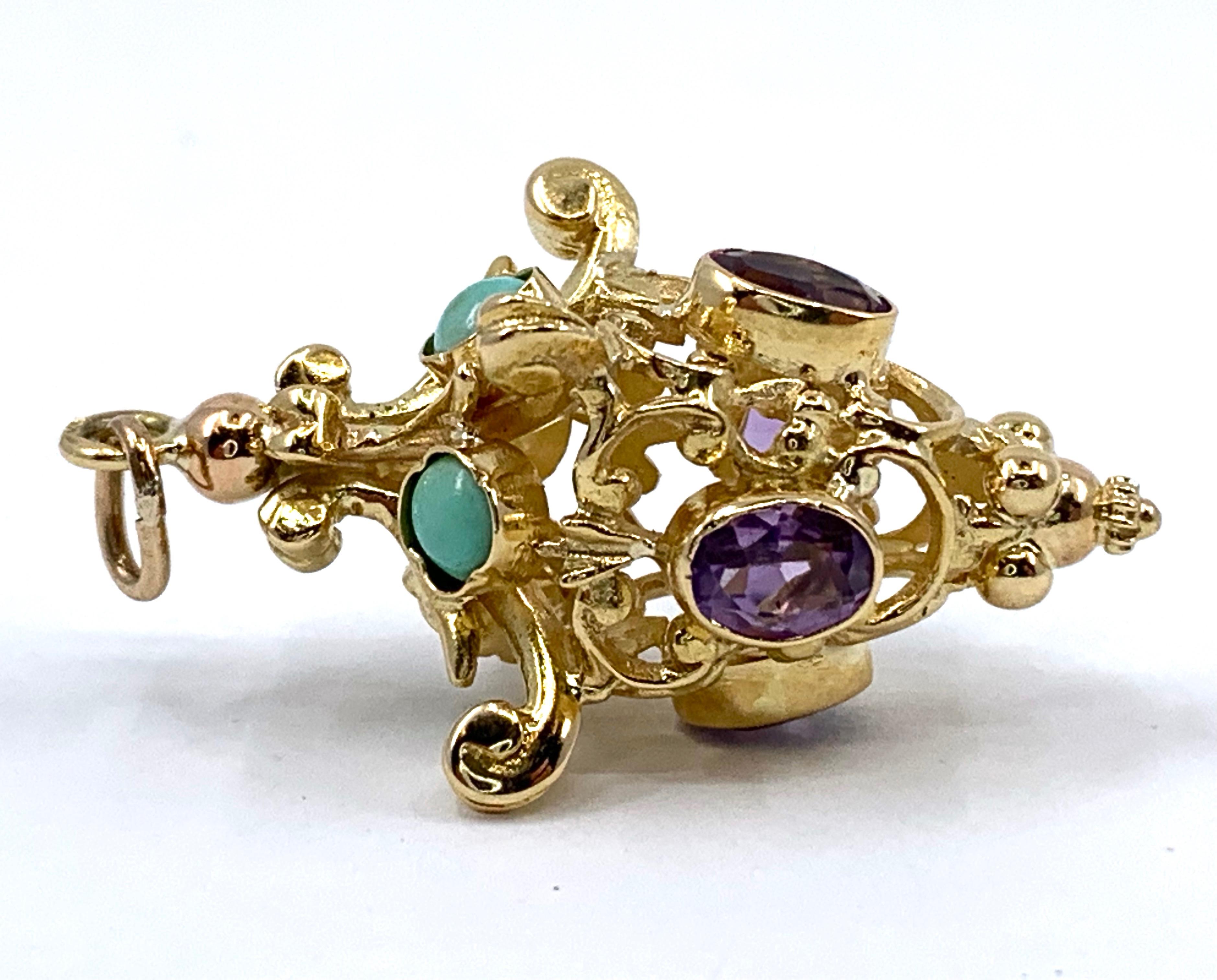 1950s Lantern Fob Pendant in 18 Karat Yellow Gold with Turquoise and Amethysts In Excellent Condition In Sherman Oaks, CA