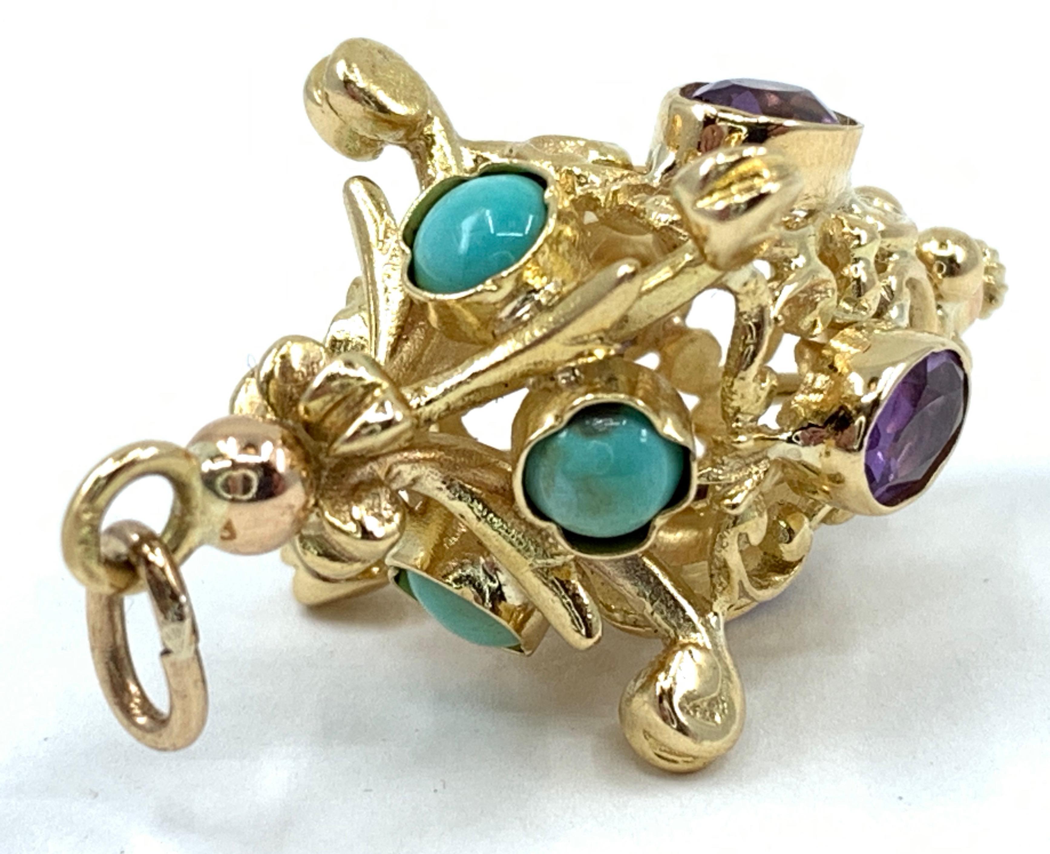Women's or Men's 1950s Lantern Fob Pendant in 18 Karat Yellow Gold with Turquoise and Amethysts