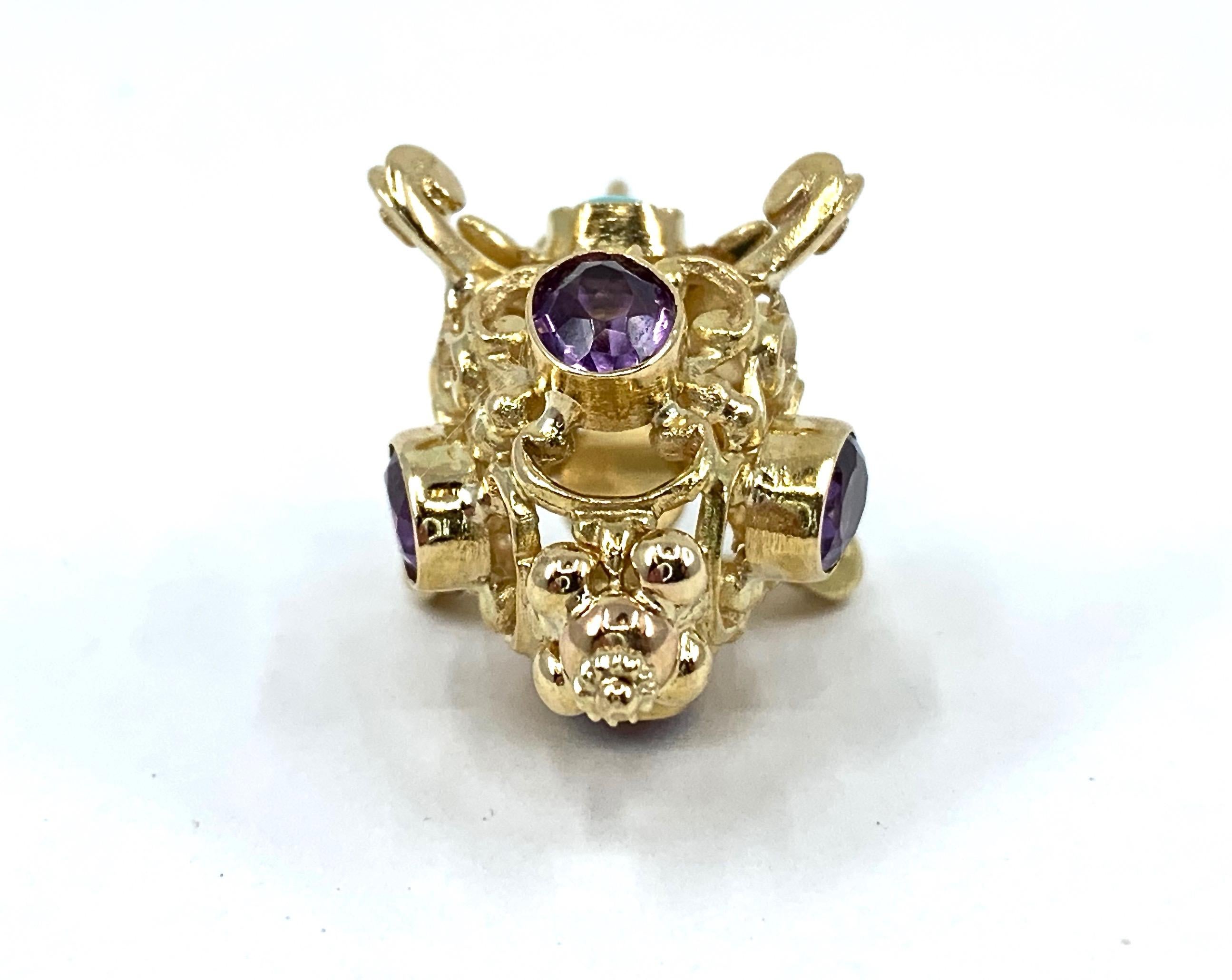 1950s Lantern Fob Pendant in 18 Karat Yellow Gold with Turquoise and Amethysts 1