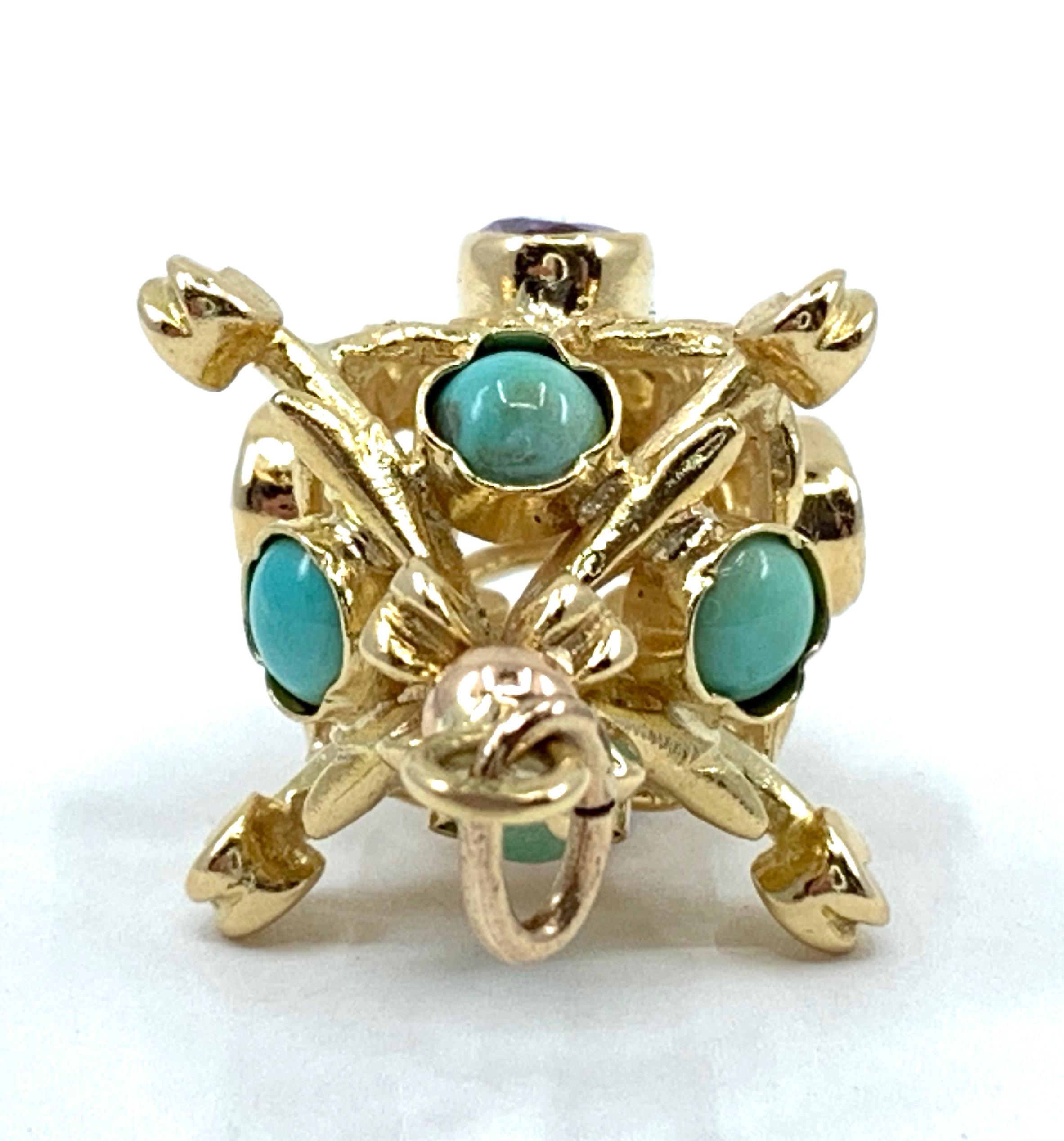 1950s Lantern Fob Pendant in 18 Karat Yellow Gold with Turquoise and Amethysts 2