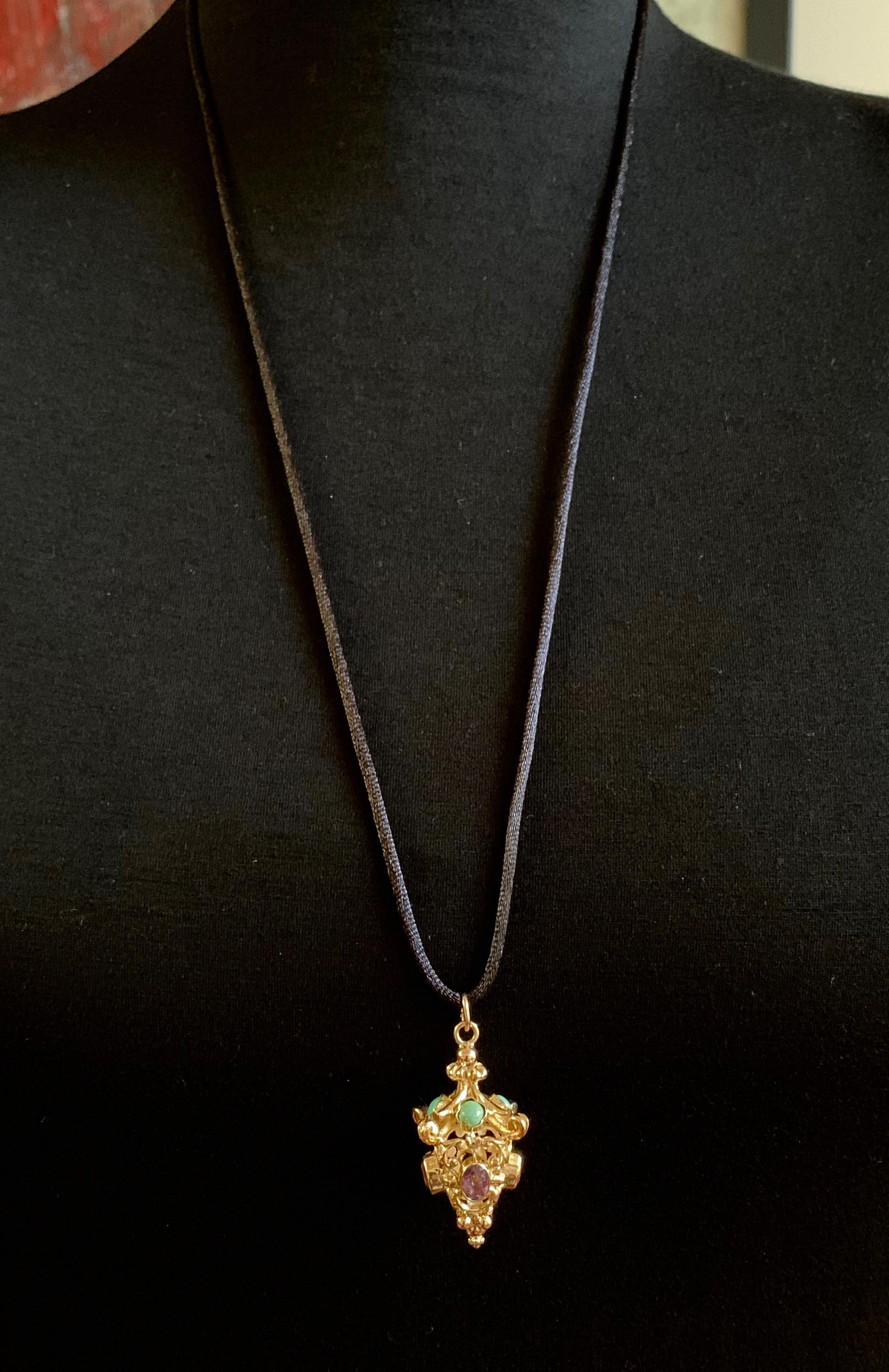 1950s Lantern Fob Pendant in 18 Karat Yellow Gold with Turquoise and Amethysts 3