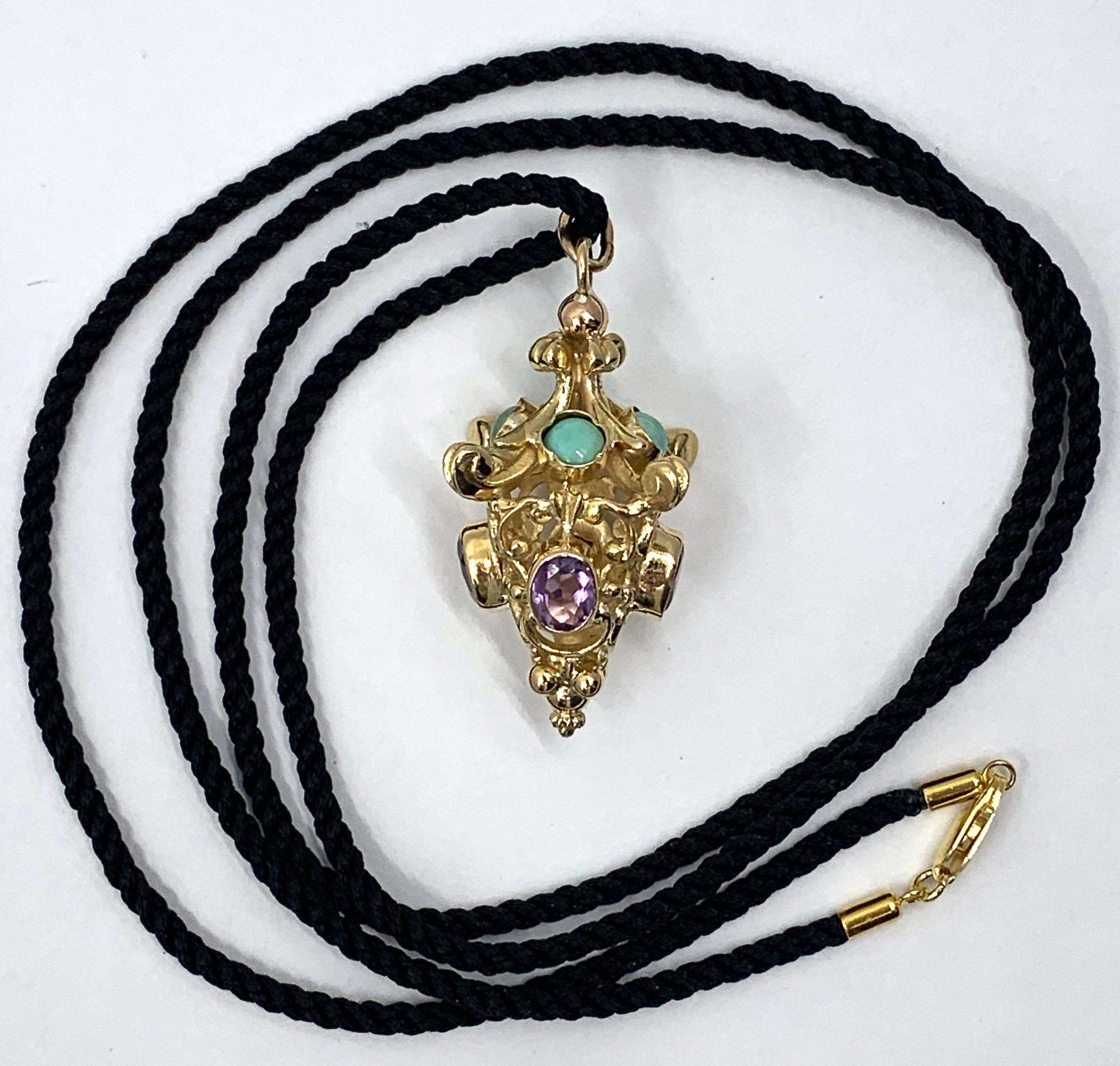 1950s Lantern Fob Pendant in 18 Karat Yellow Gold with Turquoise and Amethysts 4