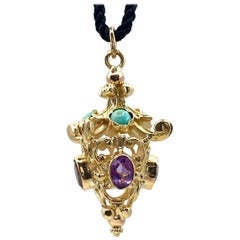 1950s Lantern Fob Pendant in 18 Karat Yellow Gold with Turquoise and Amethysts