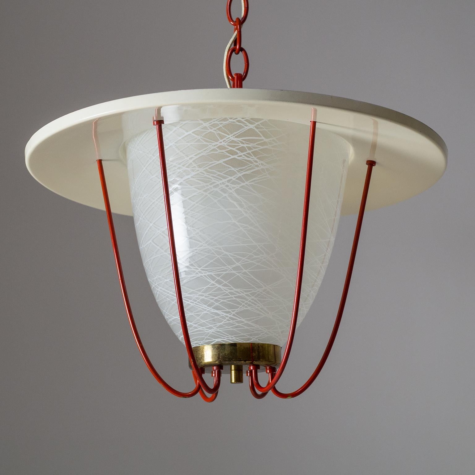 1950s Lantern, Glass, Brass and Red Lacquered Shade 9