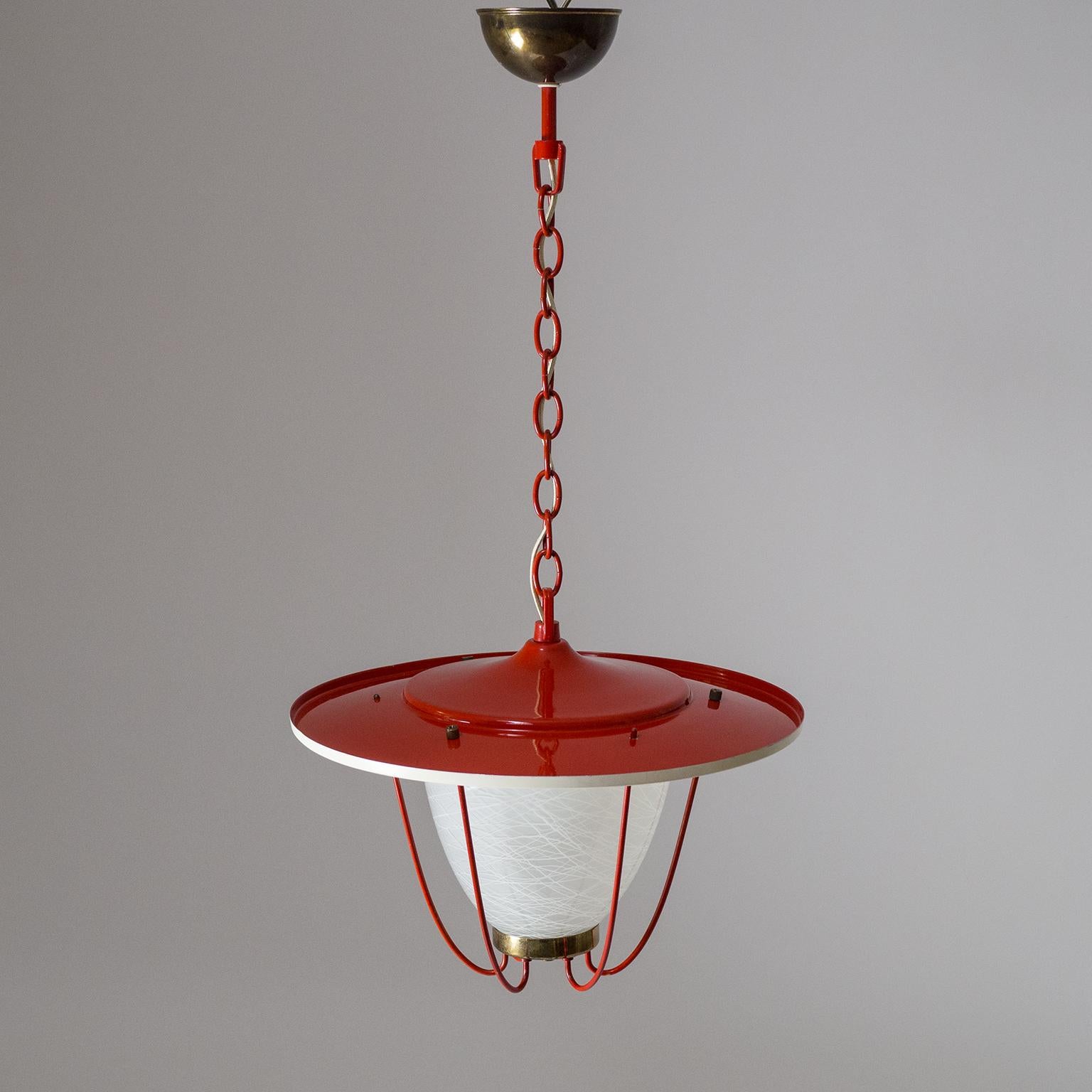 1950s Lantern, Glass, Brass and Red Lacquered Shade 12