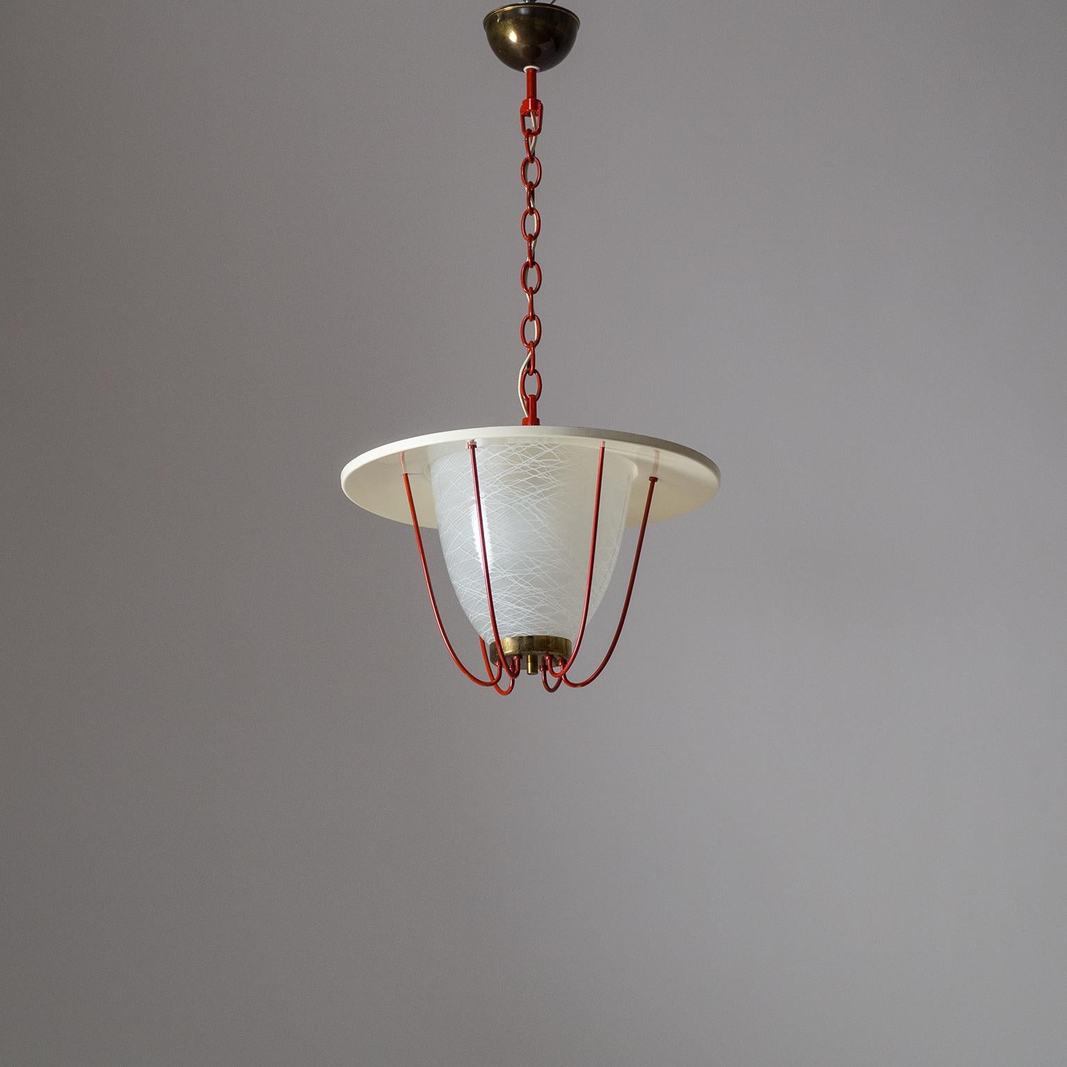 1950s Lantern, Glass, Brass and Red Lacquered Shade 13