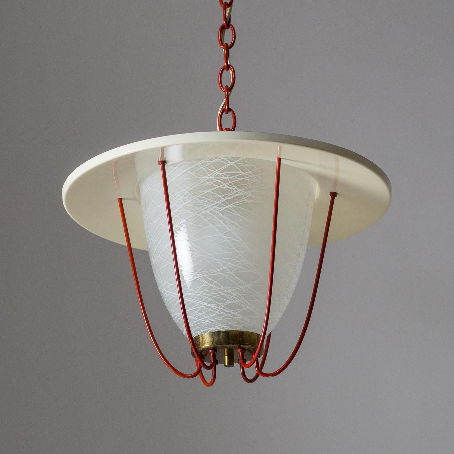 Mid-Century Modern 1950s Lantern, Glass, Brass and Red Lacquered Shade
