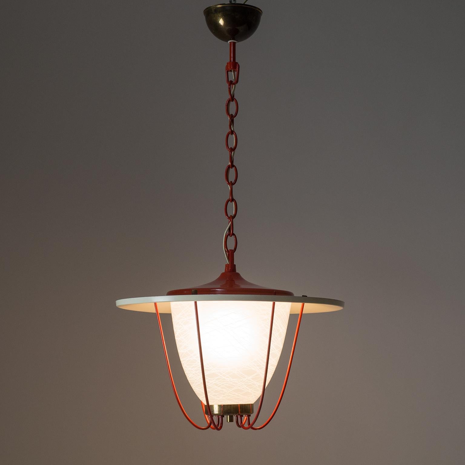 1950s Lantern, Glass, Brass and Red Lacquered Shade In Good Condition In Vienna, AT