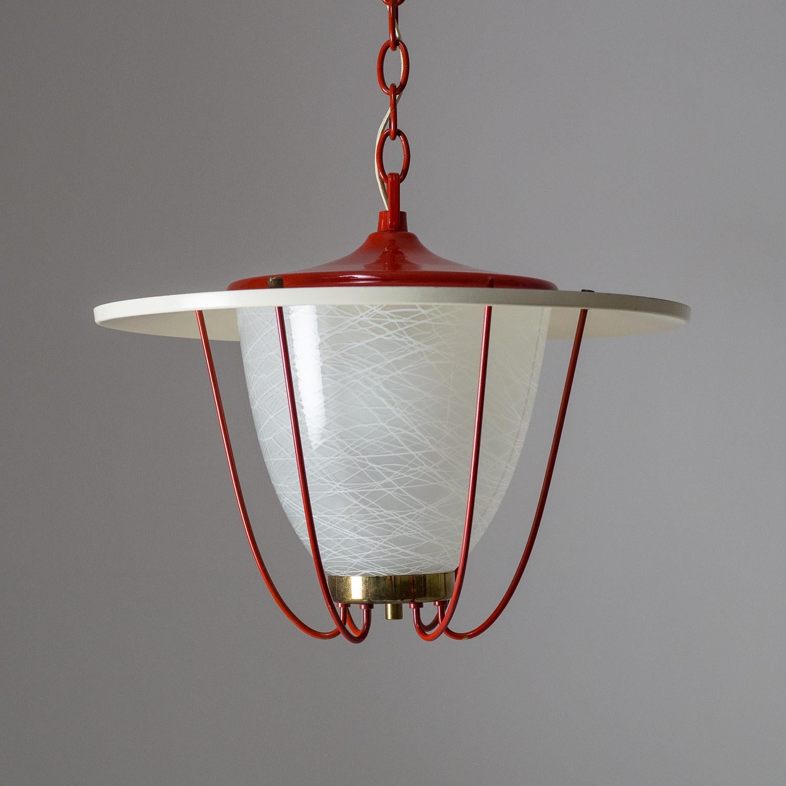 Mid-20th Century 1950s Lantern, Glass, Brass and Red Lacquered Shade