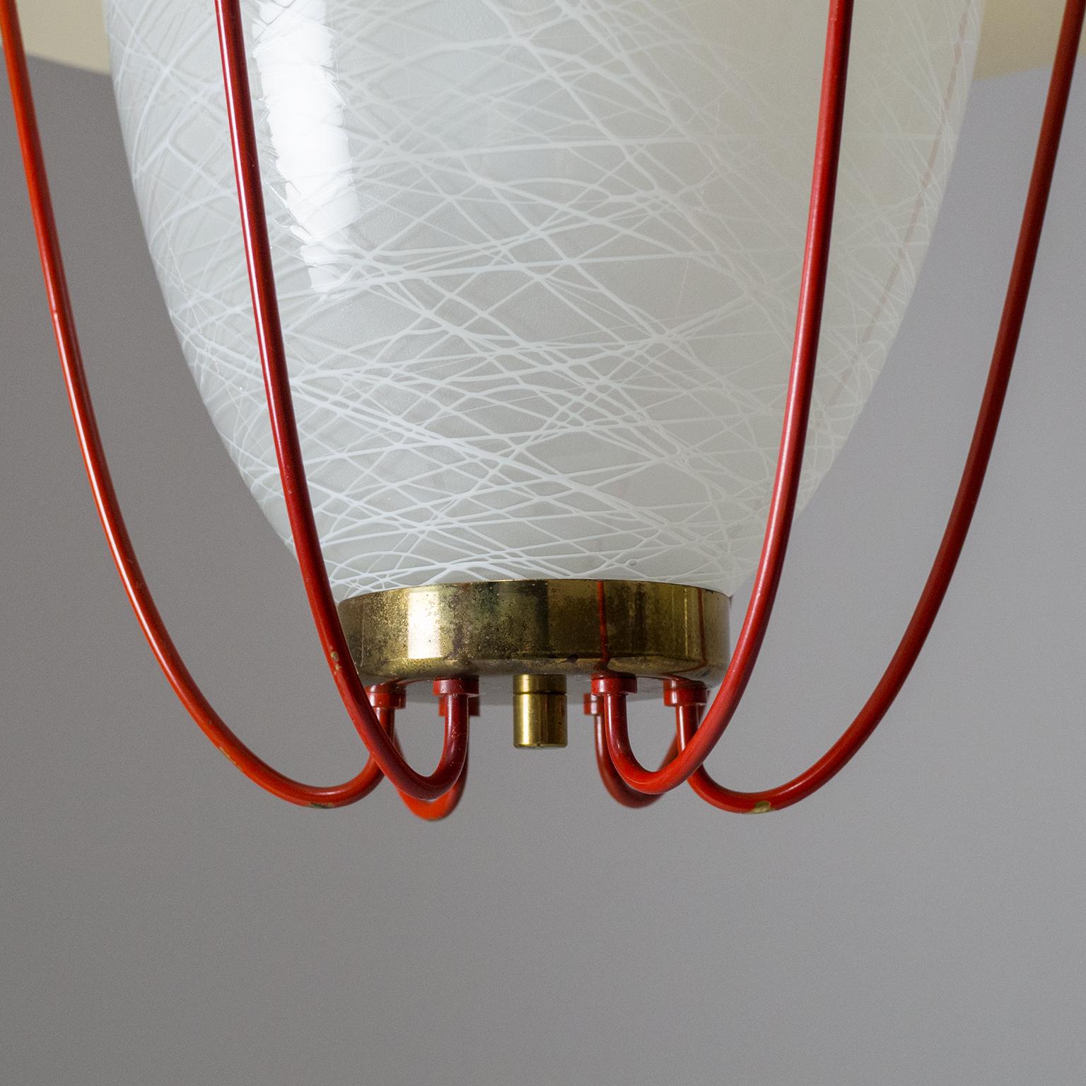 Murano Glass 1950s Lantern, Glass, Brass and Red Lacquered Shade