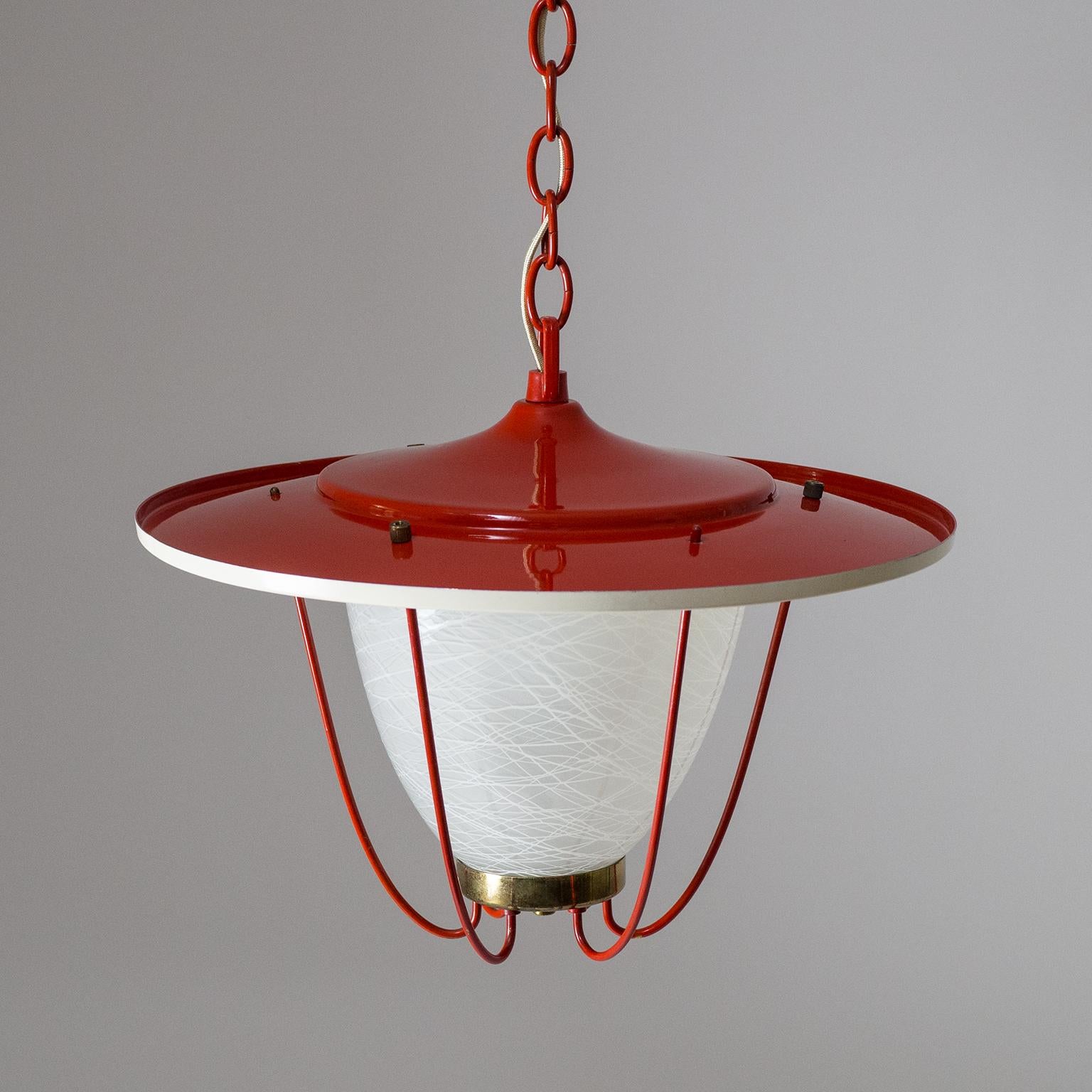 1950s Lantern, Glass, Brass and Red Lacquered Shade 2