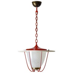 1950s Lantern, Glass, Brass and Red Lacquered Shade